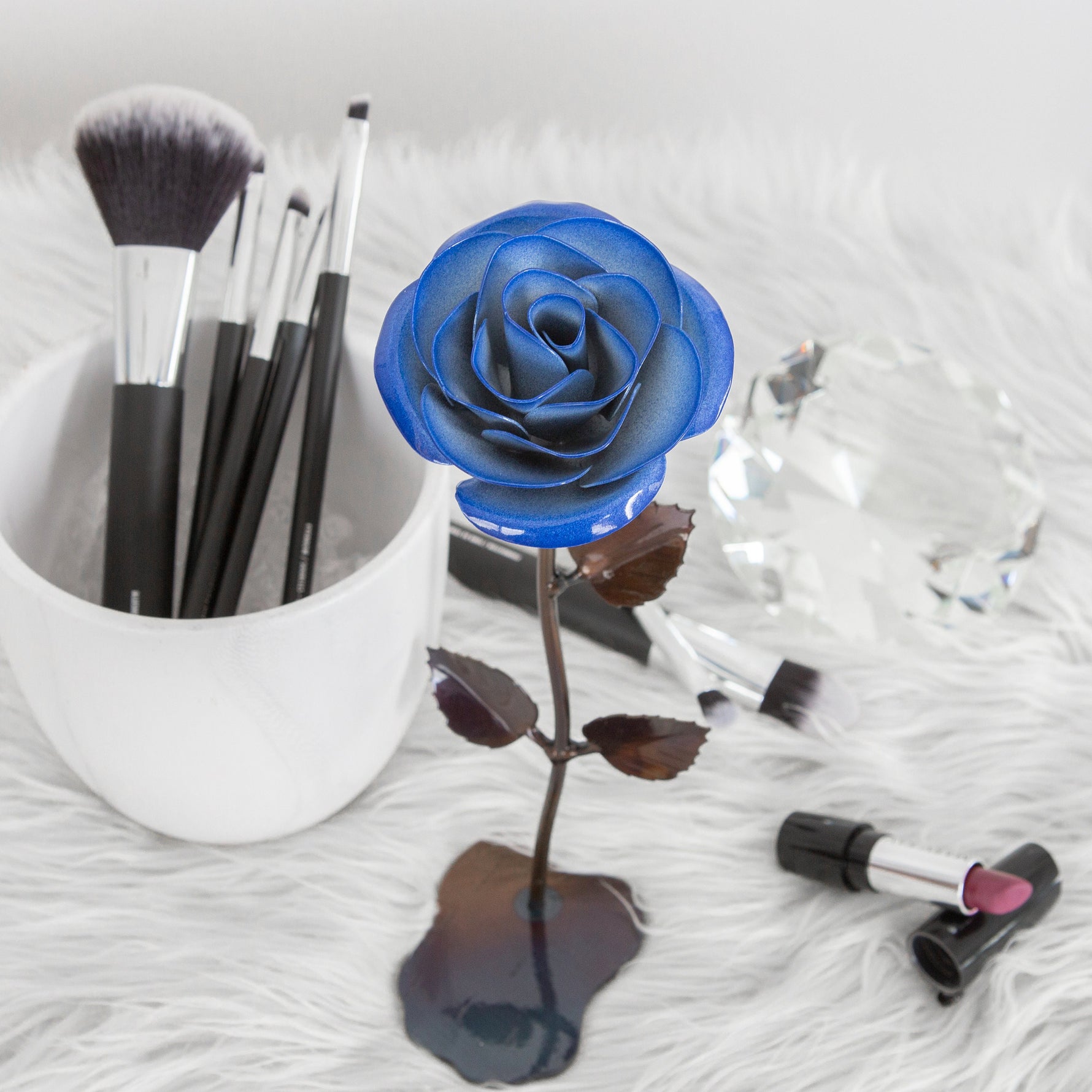 Hand-Forged Wrought Iron Blue & White Metal Rose Uncategorized Gift