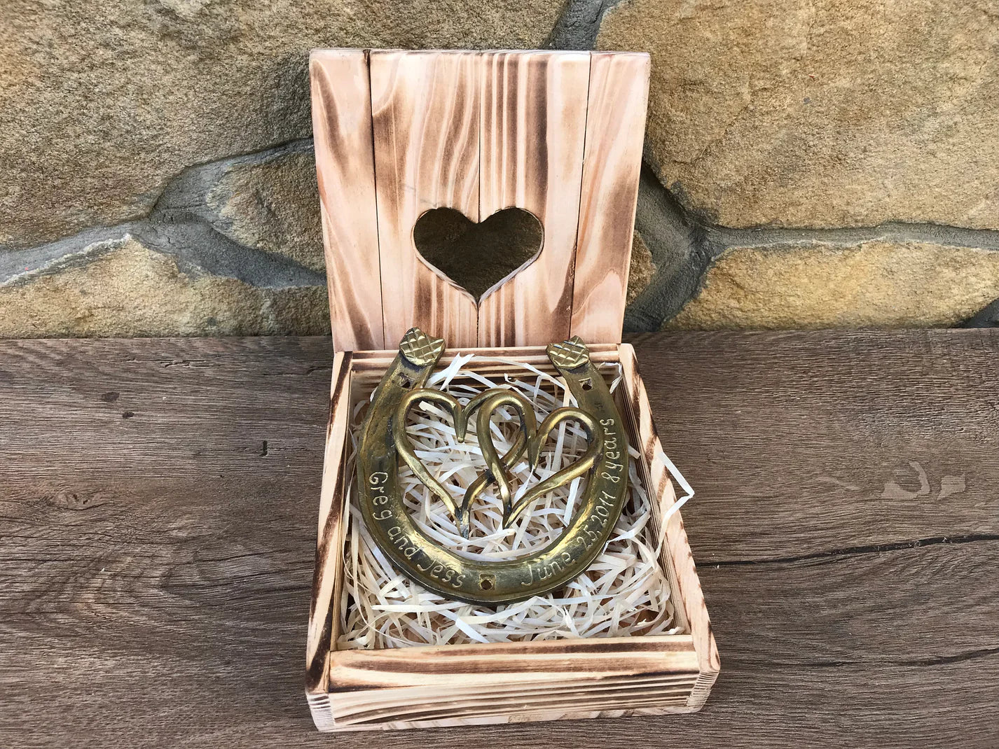 hand forged bronze horseshoe with two hearts in a gift box Horseshoe Sets Gift
