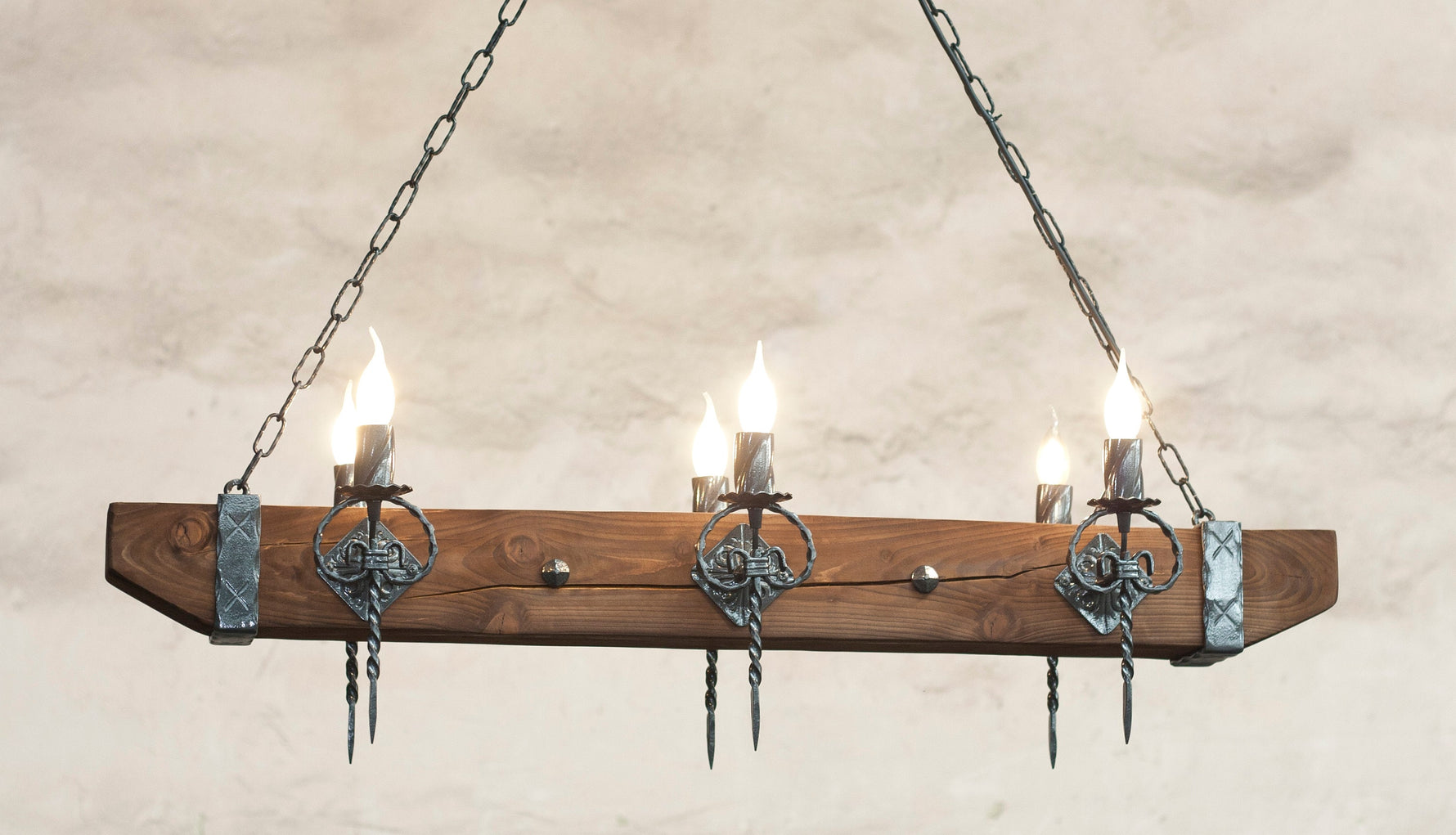 Castle Wood beam and wrought iron chandelier Lighting Lighting