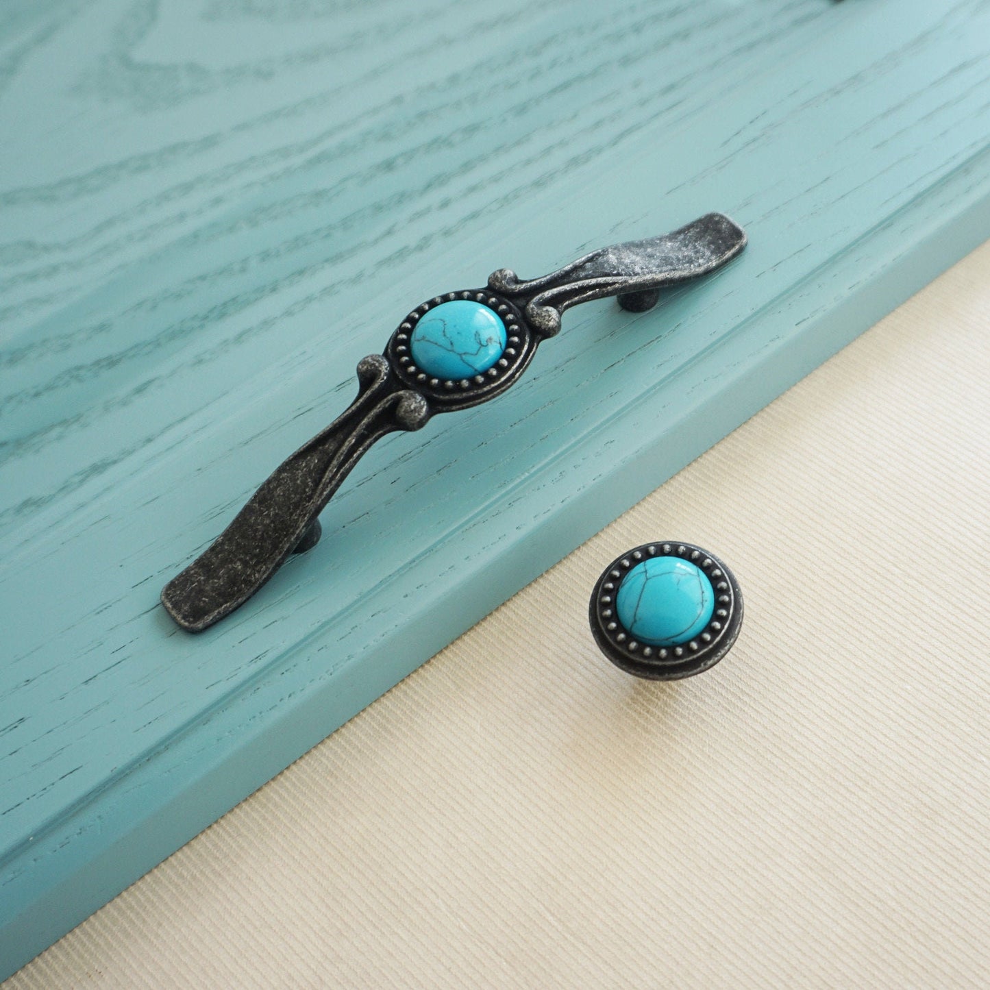 Antique Black and Turquoise Blue Drawer Pulls