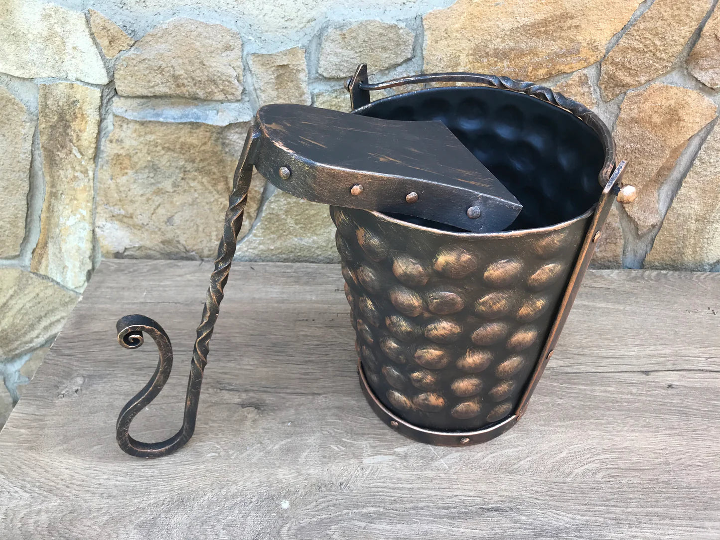 Antique Bronze Fireplace Bucket and Shovel Set