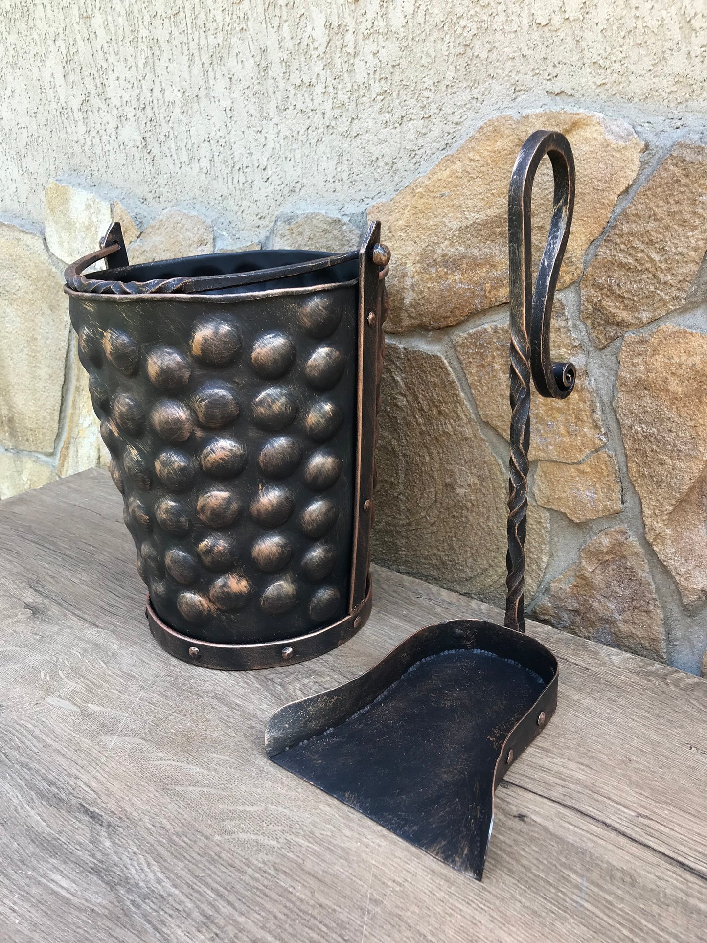 Antique Bronze Fireplace Bucket and Shovel Set