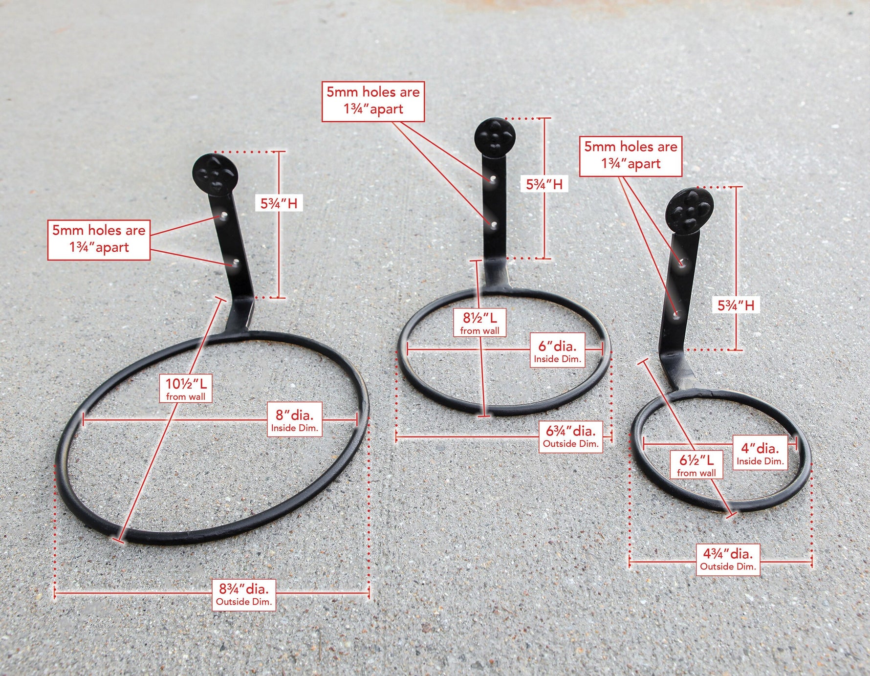 SET of 3, Wrought Iron Flowerpot RingHolder Wall Brackets