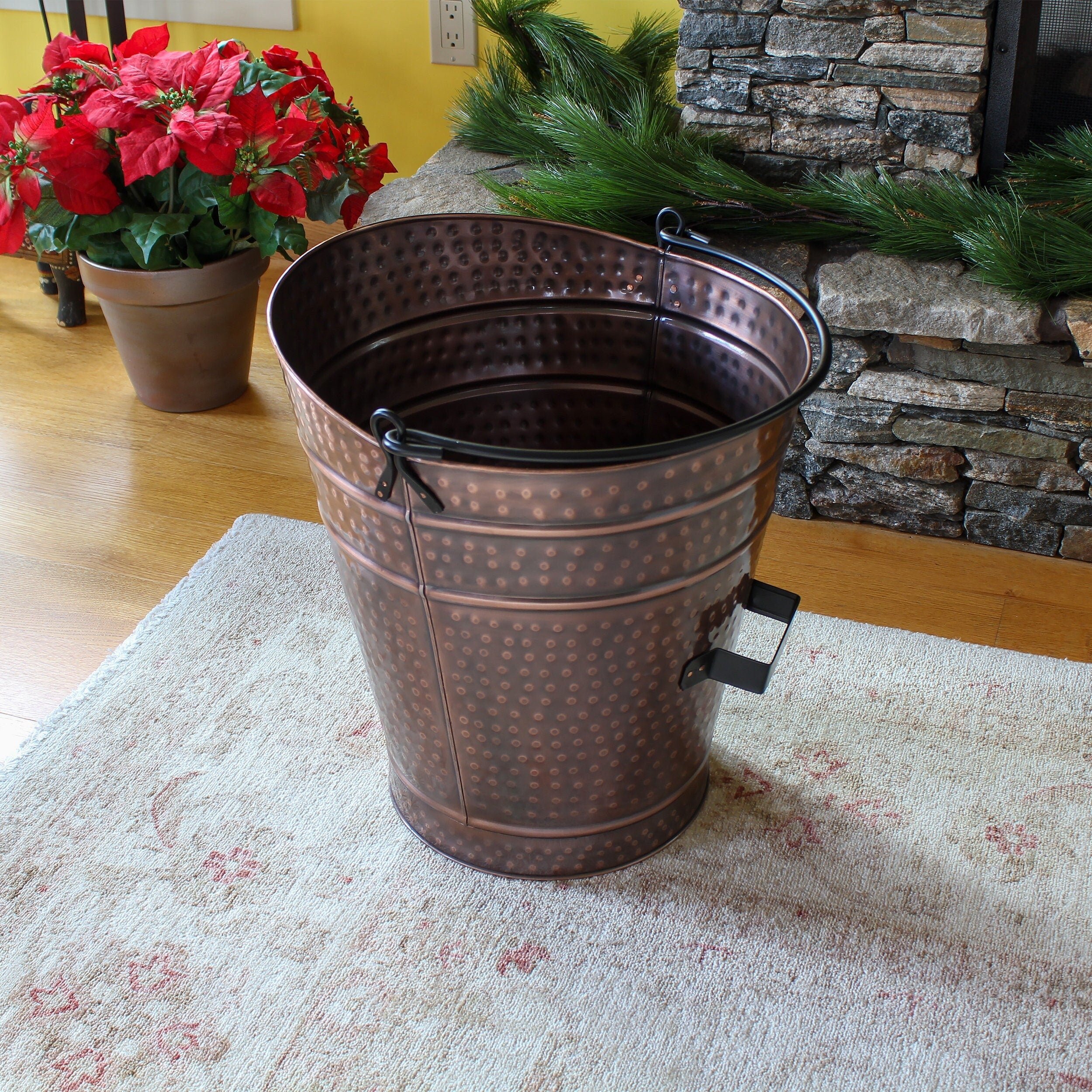 Hammered Copper Fireplace Log or Pellet Bucket with Handles - Large Uncategorized Fireplace Accessory