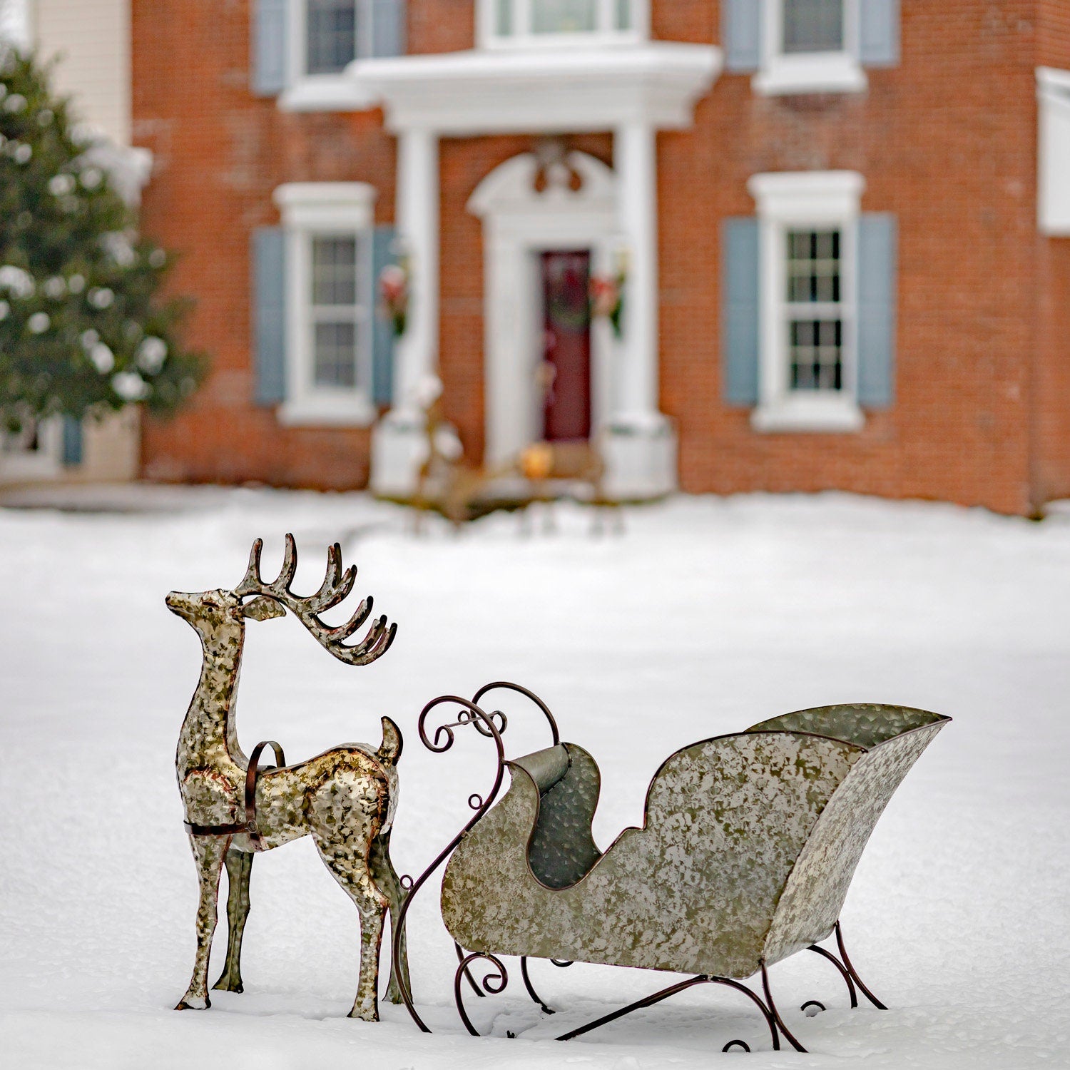 Galvanized Reindeer with Sleigh Decoration Sculptures & Statues Christmas