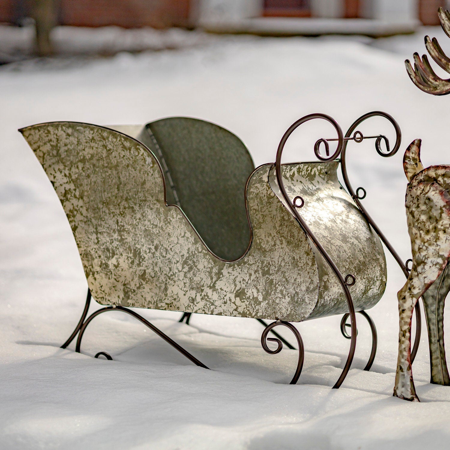 Galvanized Reindeer with Sleigh Decoration Sculptures & Statues Christmas