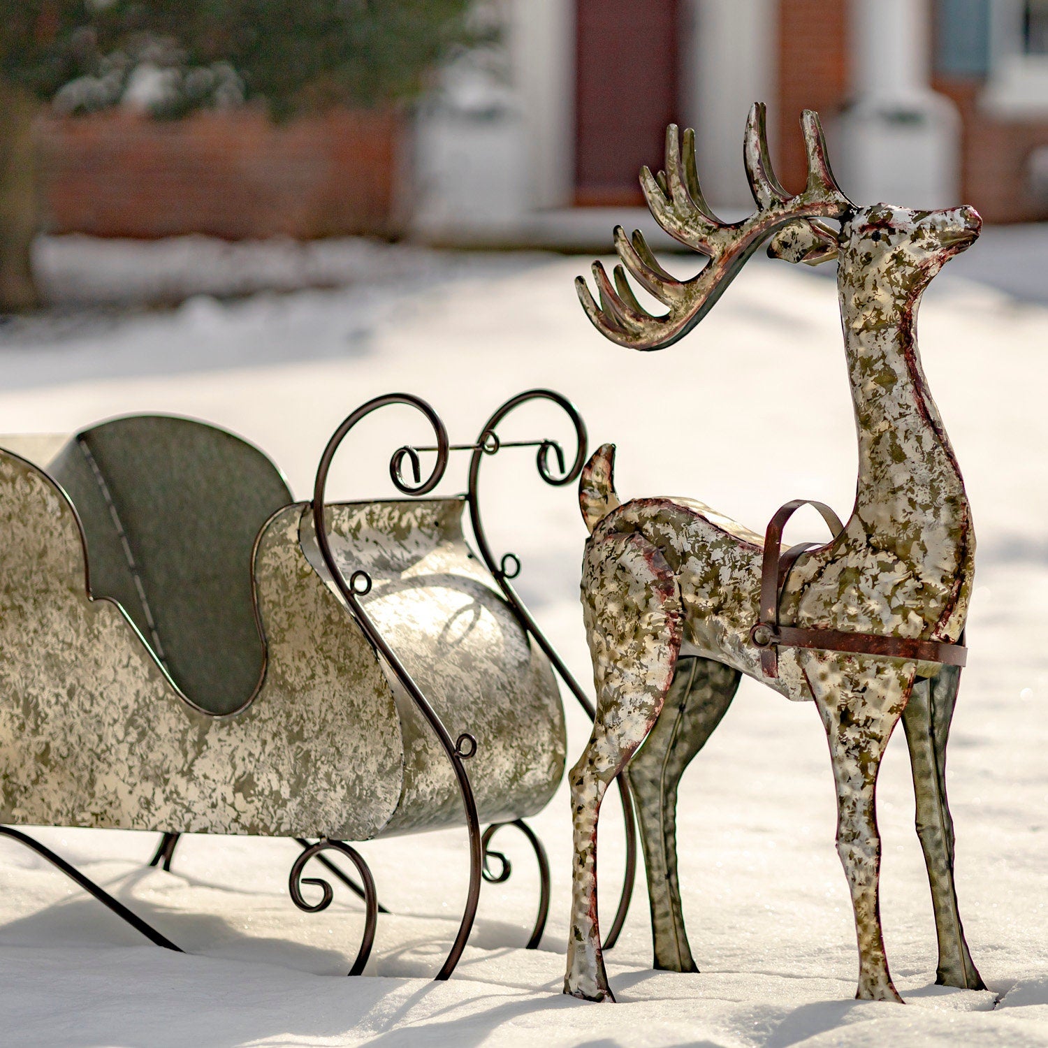 Galvanized Reindeer with Sleigh Decoration Sculptures & Statues Christmas