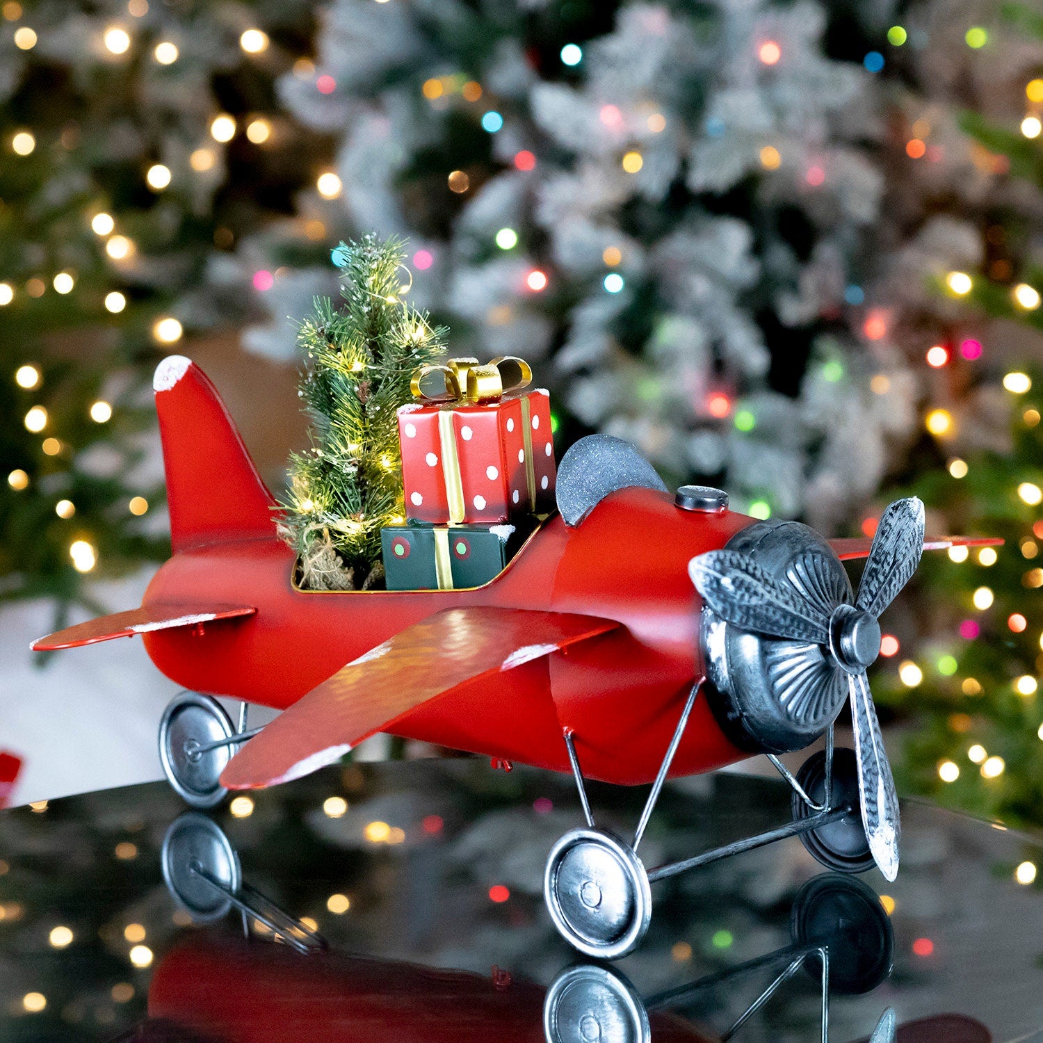 Red Airplane with Lighted Christmas Tree and Gifts Holiday Ornaments Christmas