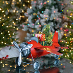 Red Airplane with Lighted Christmas Tree and Gifts Holiday Ornaments Christmas