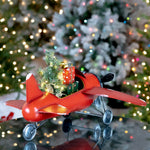Red Airplane with Lighted Christmas Tree and Gifts Holiday Ornaments Christmas