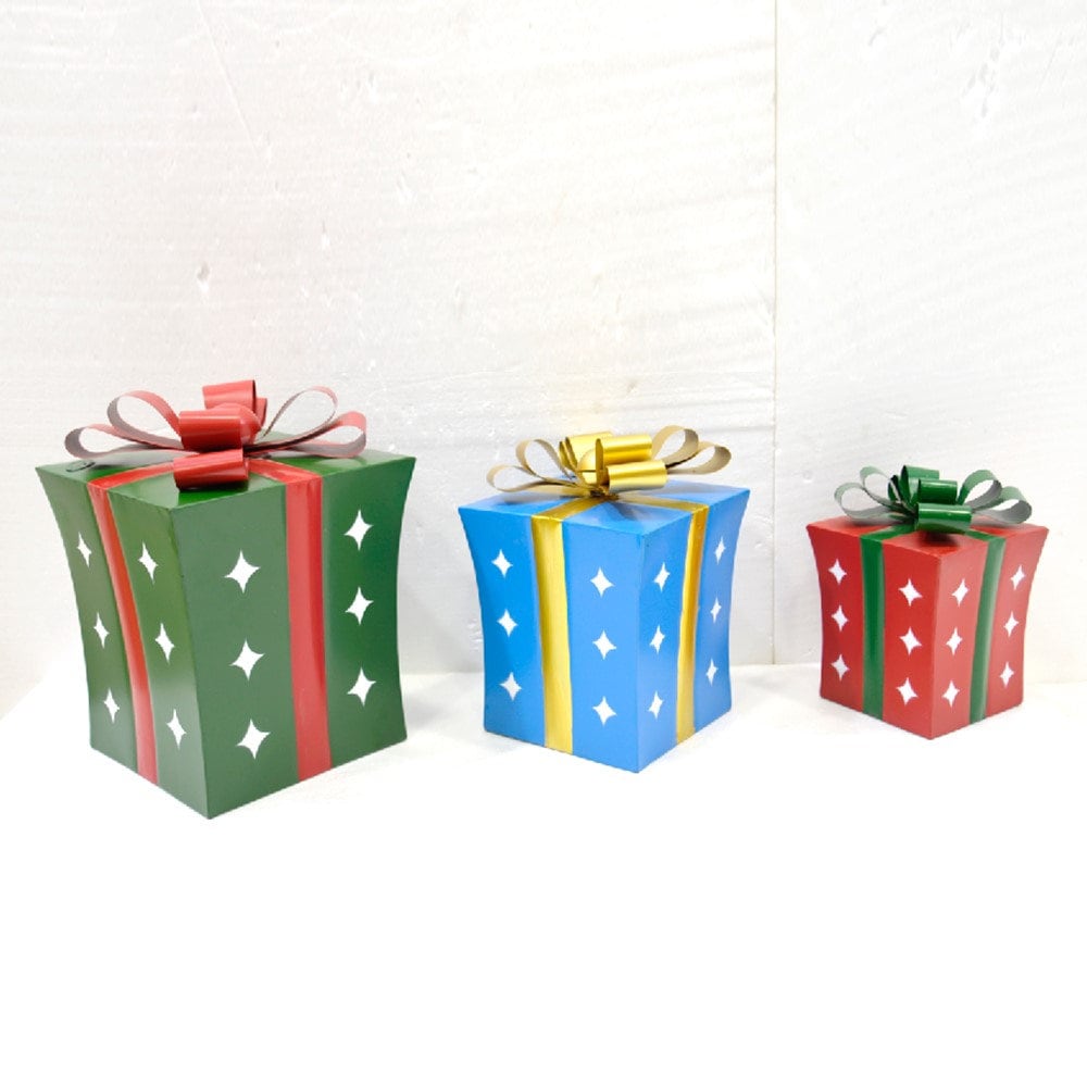 Set of 3 Assorted Iron Christmas Gift Box Garden Stakes Holiday Ornaments Christmas