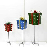 Set of 3 Assorted Iron Christmas Gift Box Garden Stakes Holiday Ornaments Christmas
