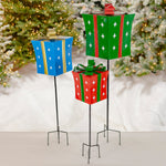 Set of 3 Assorted Iron Christmas Gift Box Garden Stakes Holiday Ornaments Christmas