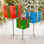 Set of 3 Christmas Gift Box Garden Stakes with Snowflake Cutouts Holiday Ornaments Christmas