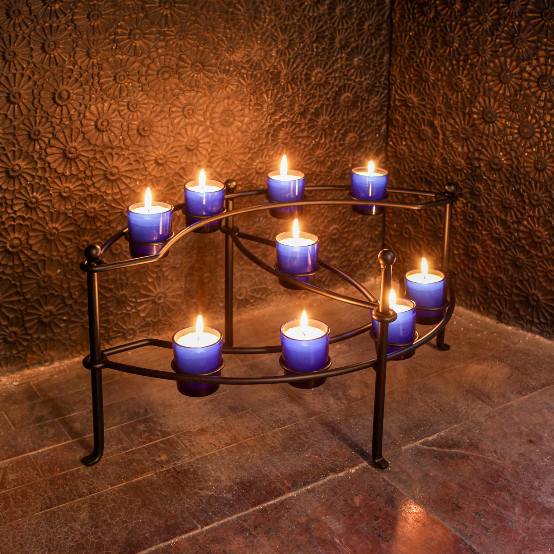 Wrought Iron Galaxy Candelabra with Blue Glass Votive Candles Candle Holders Candles