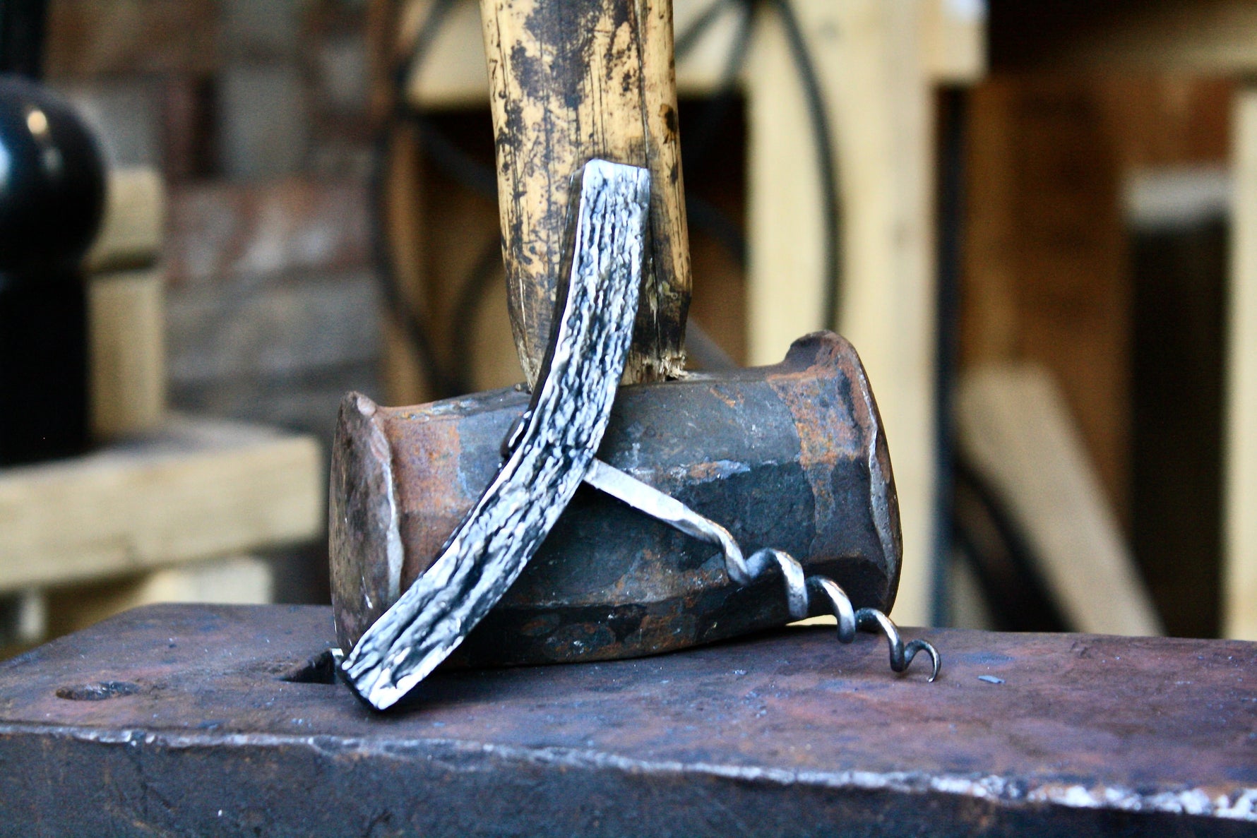 hand forged wood grain steel corkscrew