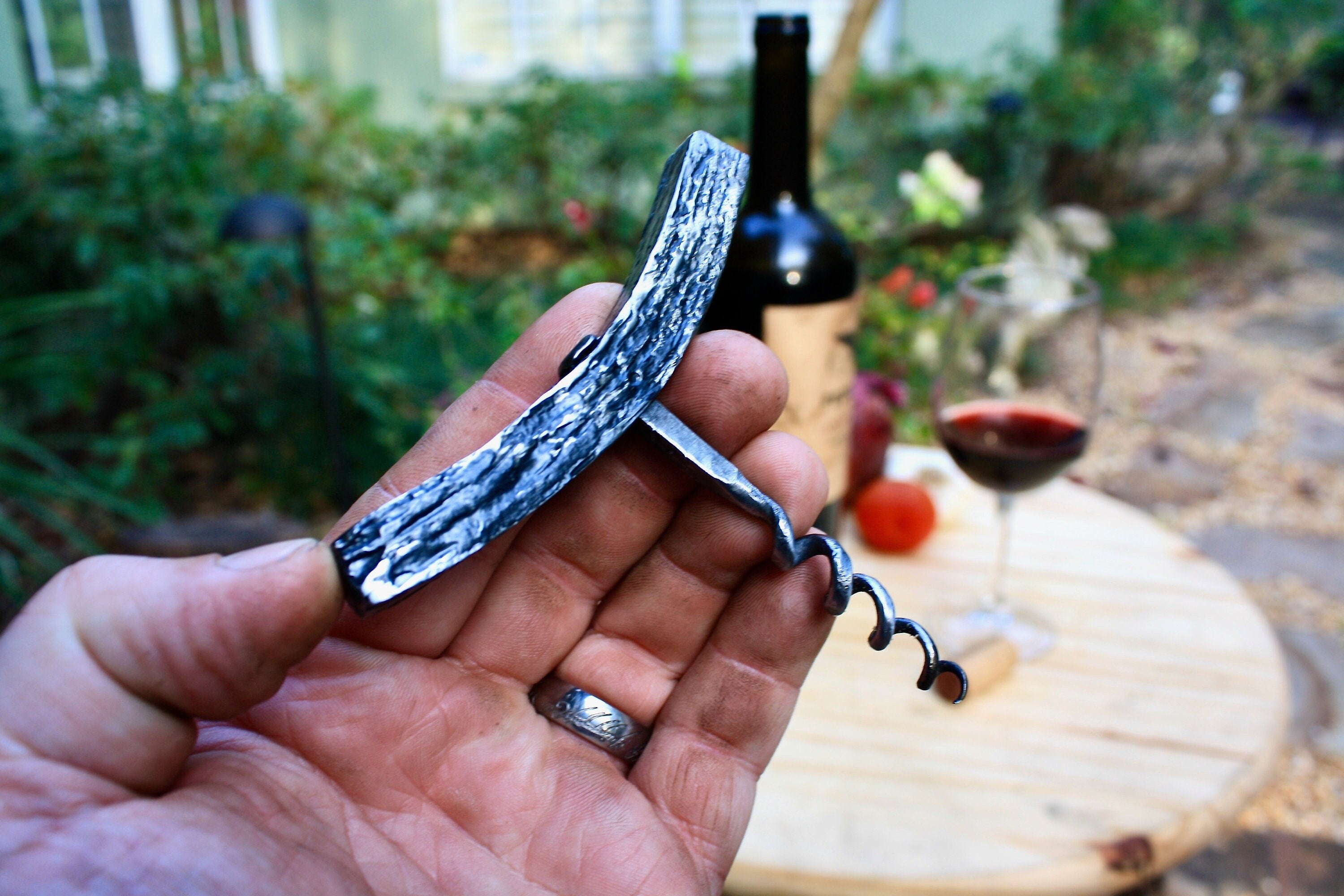 hand forged wood grain steel corkscrew