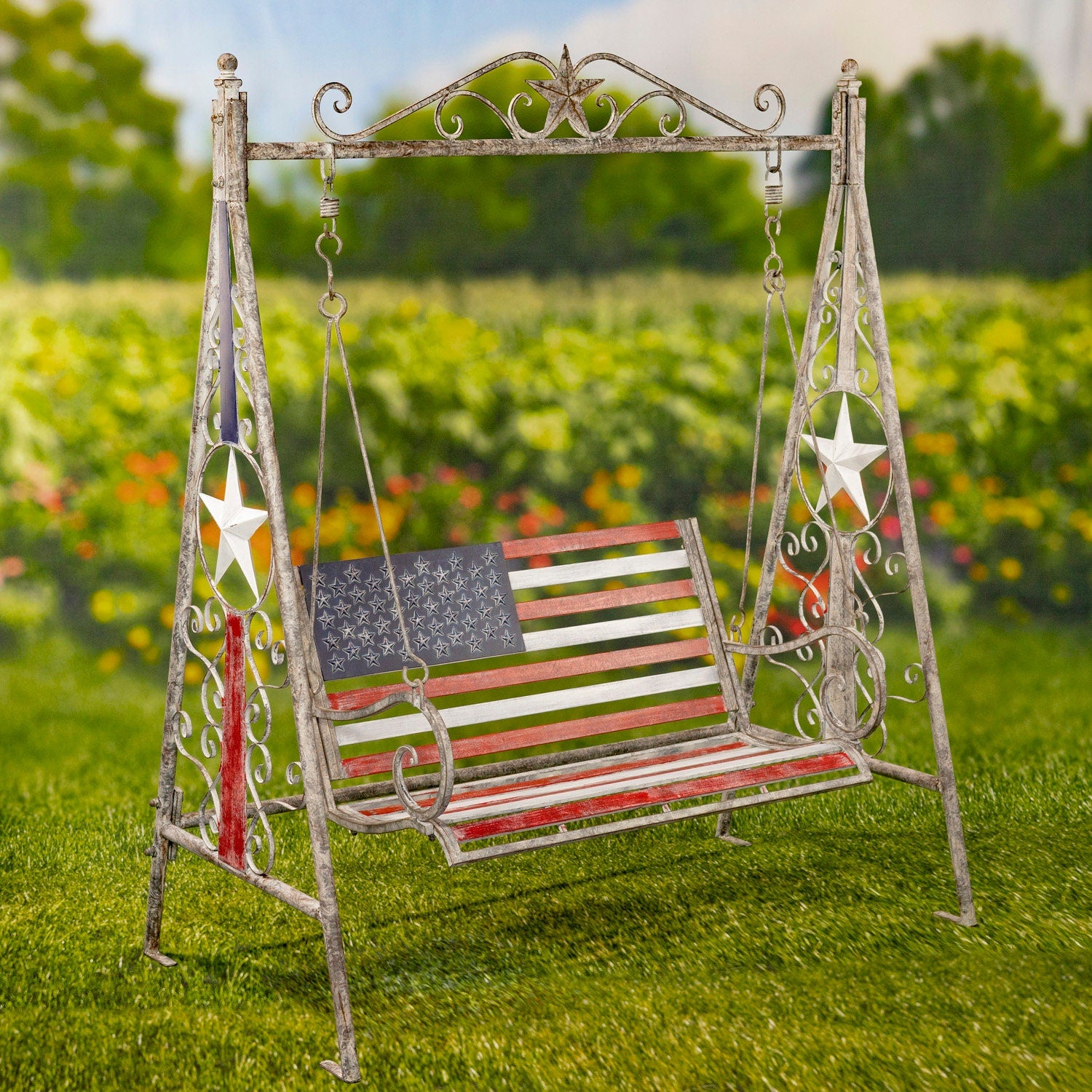 "Betsy" American Flag Iron Swing Bench Benches Furniture