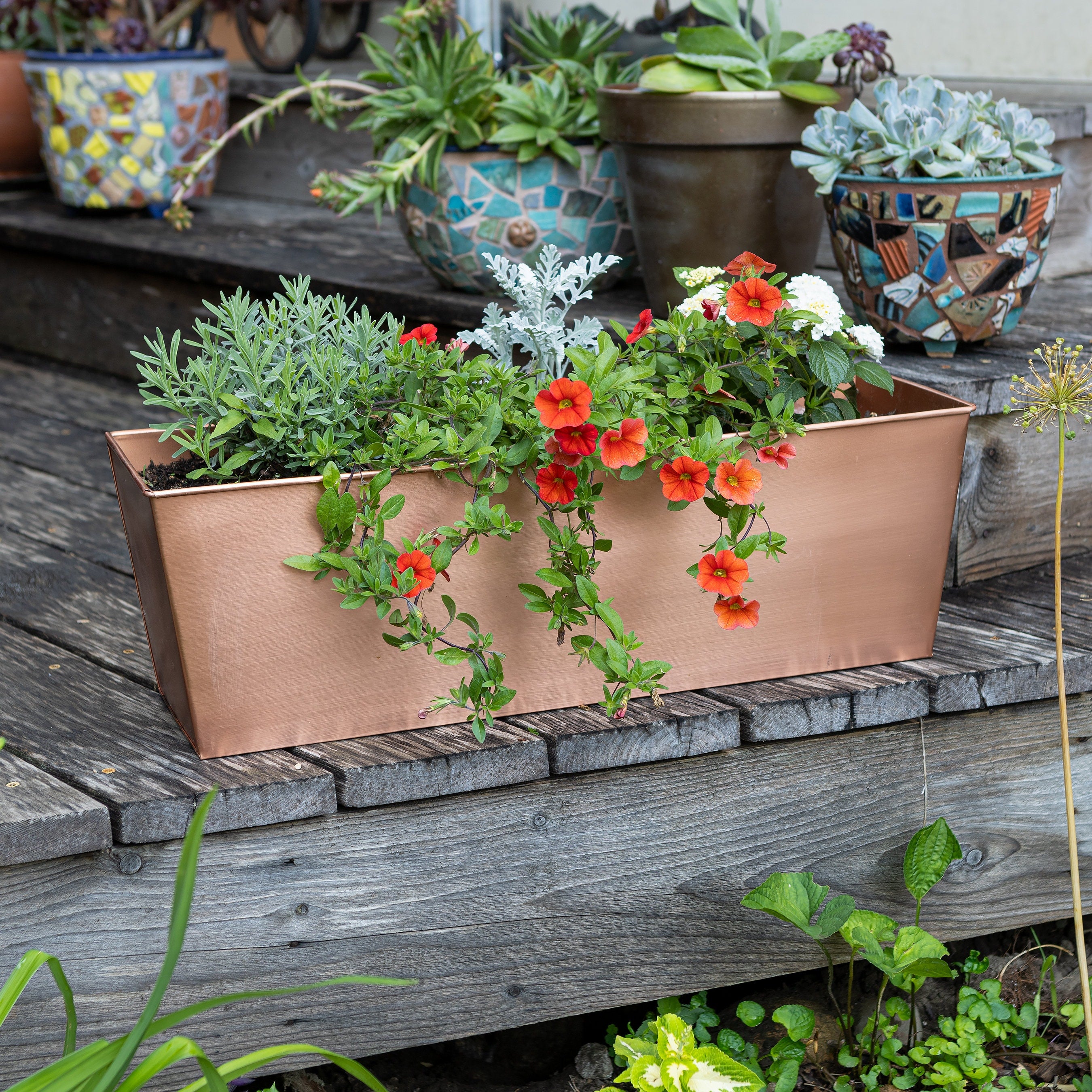 23" Copper Plated Flower Windowbox Planter, Plain