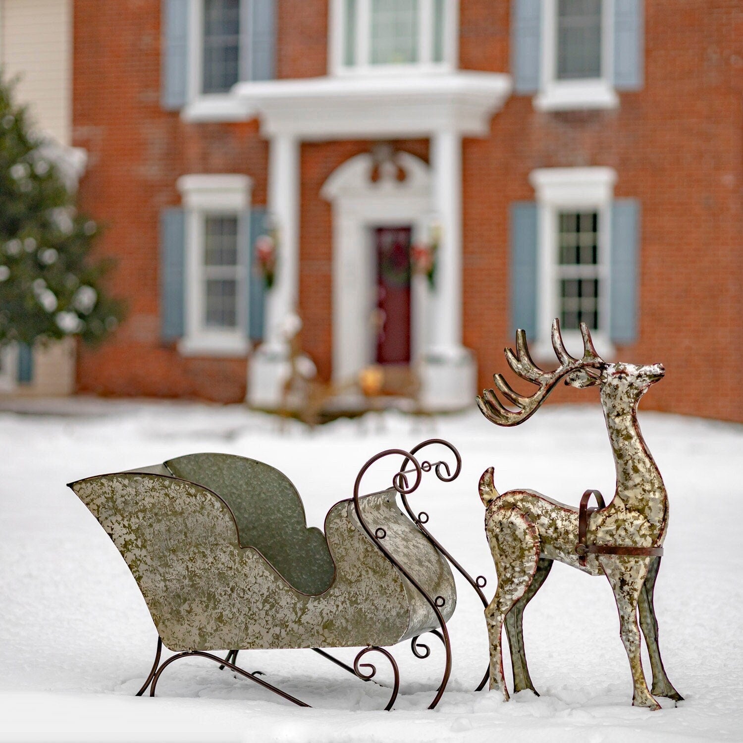 Galvanized Reindeer with Sleigh Decoration Sculptures & Statues Christmas