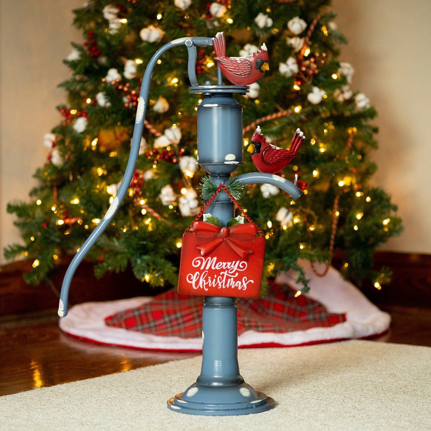 Old Style Water Pump with "Merry Christmas" Sign and Cardinals Holiday Ornaments Christmas