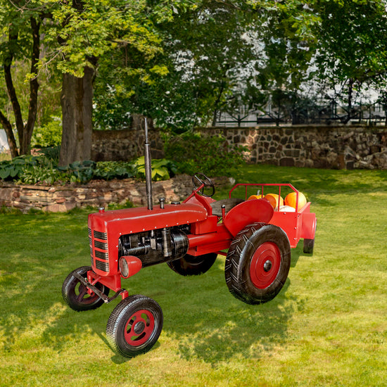 "The Chesney" Red Metal Decorative Tractor with Cart Sculptures & Statues Sculpture