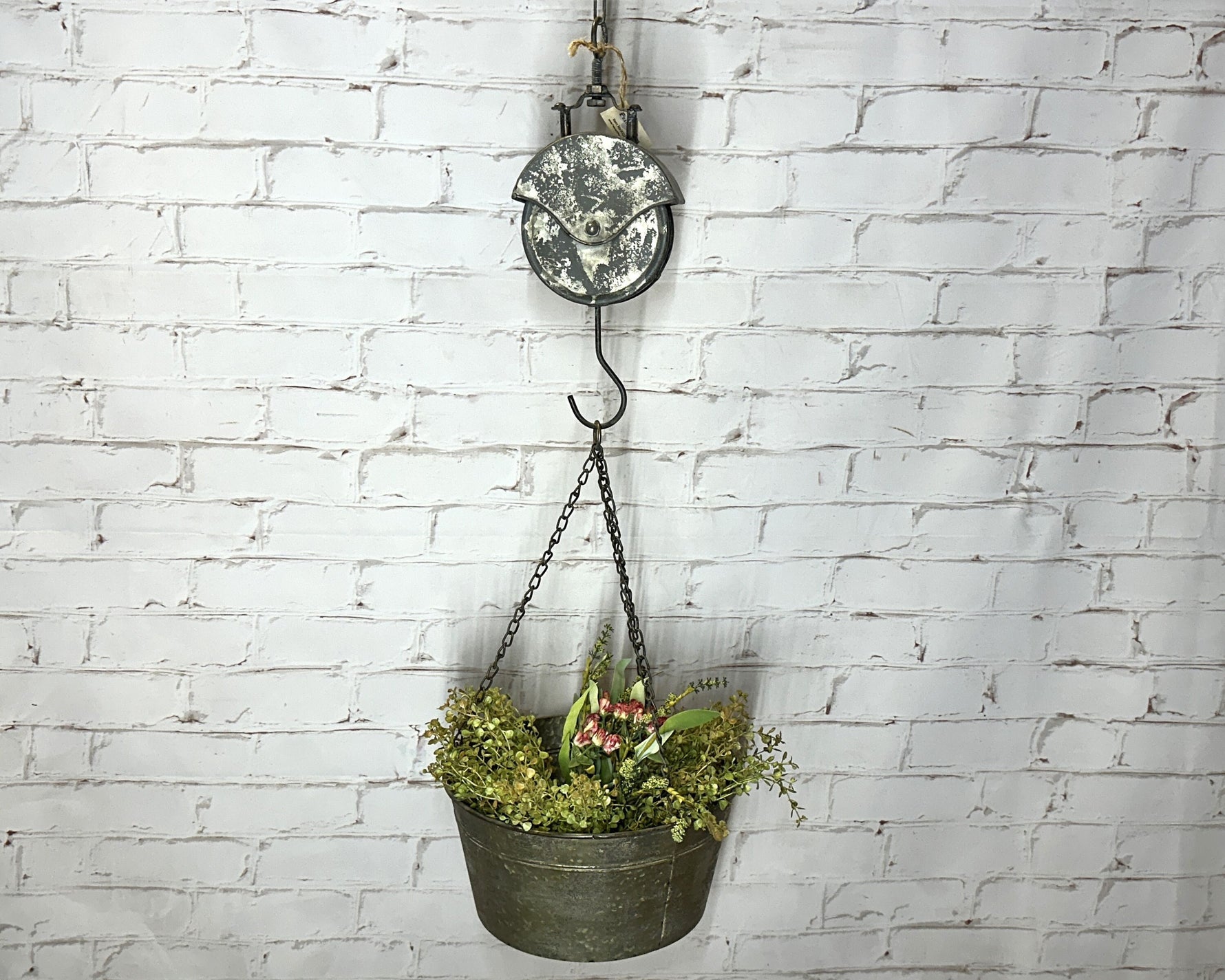 49"t Old Pail Pulley Planter - Outdoor Patio Decor - Metal Flower Bucket or Ivy Basket Container - Rustic Home Farmhouse