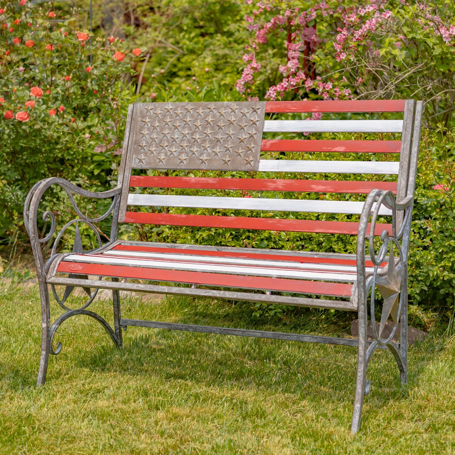 "Proud to be an American" Iron Flag Garden Bench Benches Garden