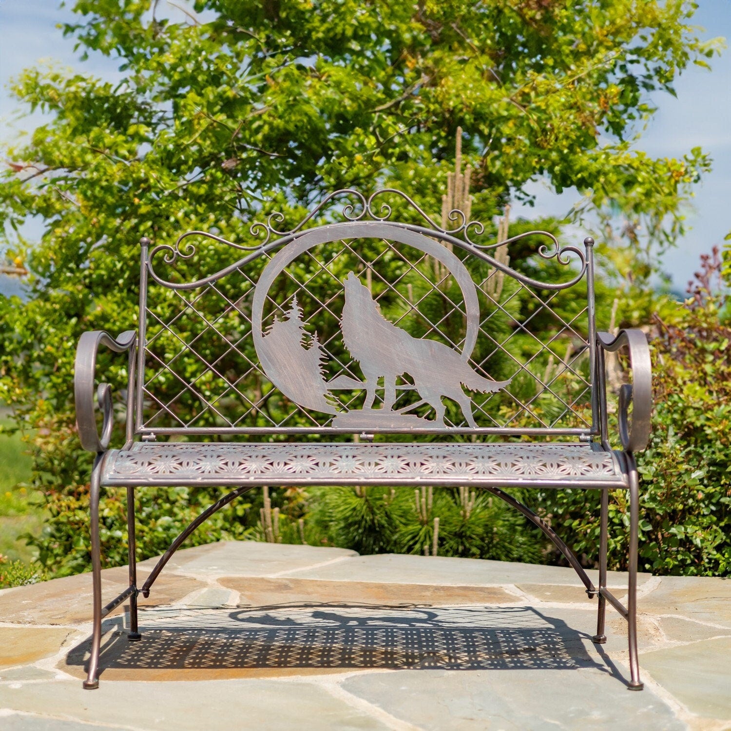 "Gunnison" Iron Garden Bench with Howling Wolf and Moon Silhouette Benches Garden