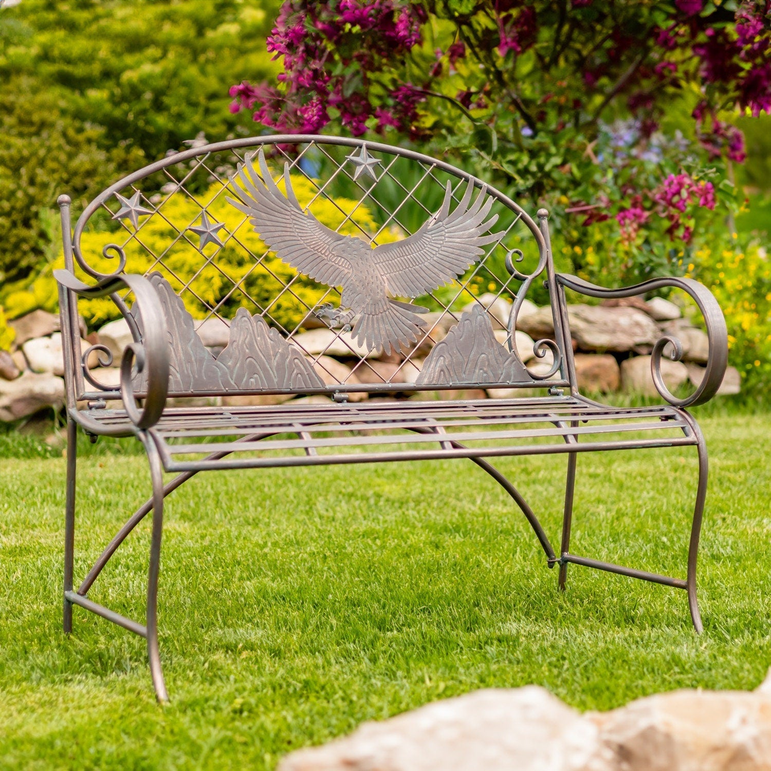 "Klamath Basin" Round Top Iron Bench with Flying Eagle Backrest Benches Furniture