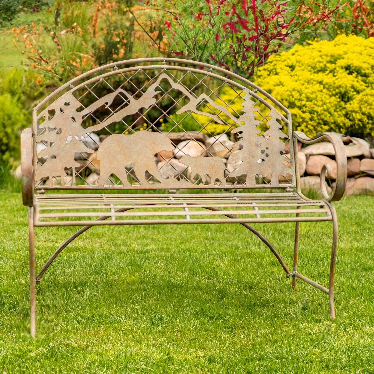 "Yellowstone" Round Top Iron Garden Bench with Grizzly Bear & Mountain Silhouette Benches Furniture