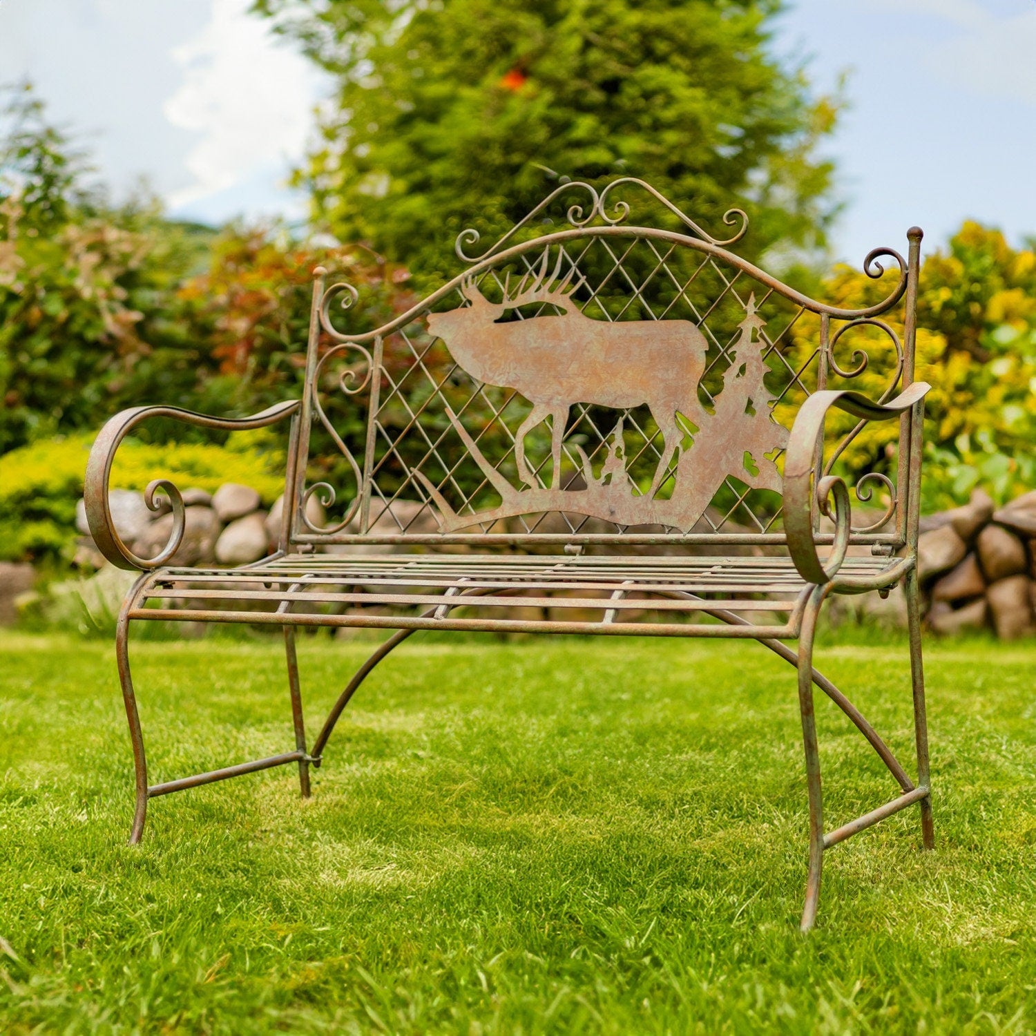 "The Highlands" Iron Garden Bench with Elk and Evergreen Silhouette Benches Furniture