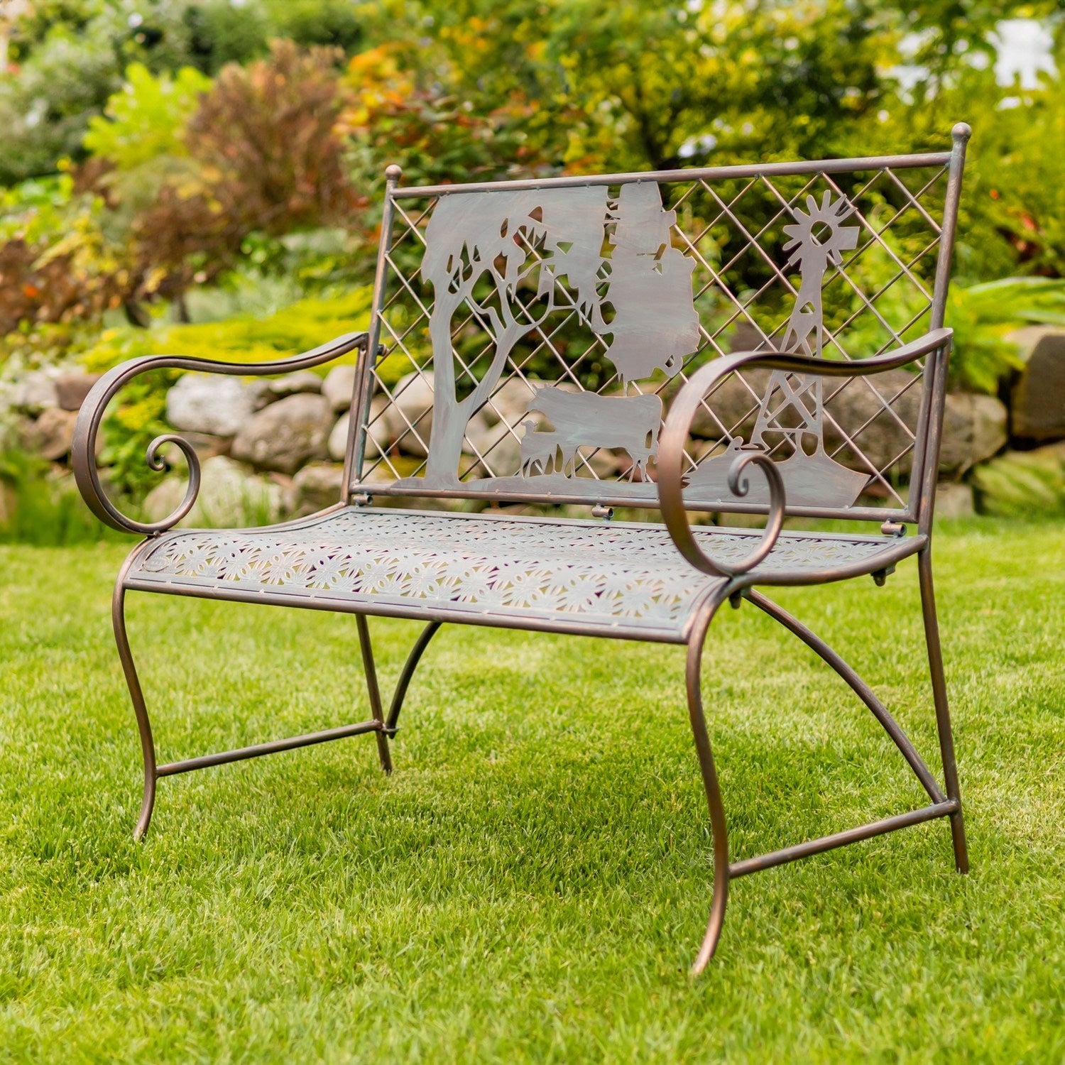 "Strasburg" Iron Garden Bench with Cow and Windmill Silhouette Benches Garden