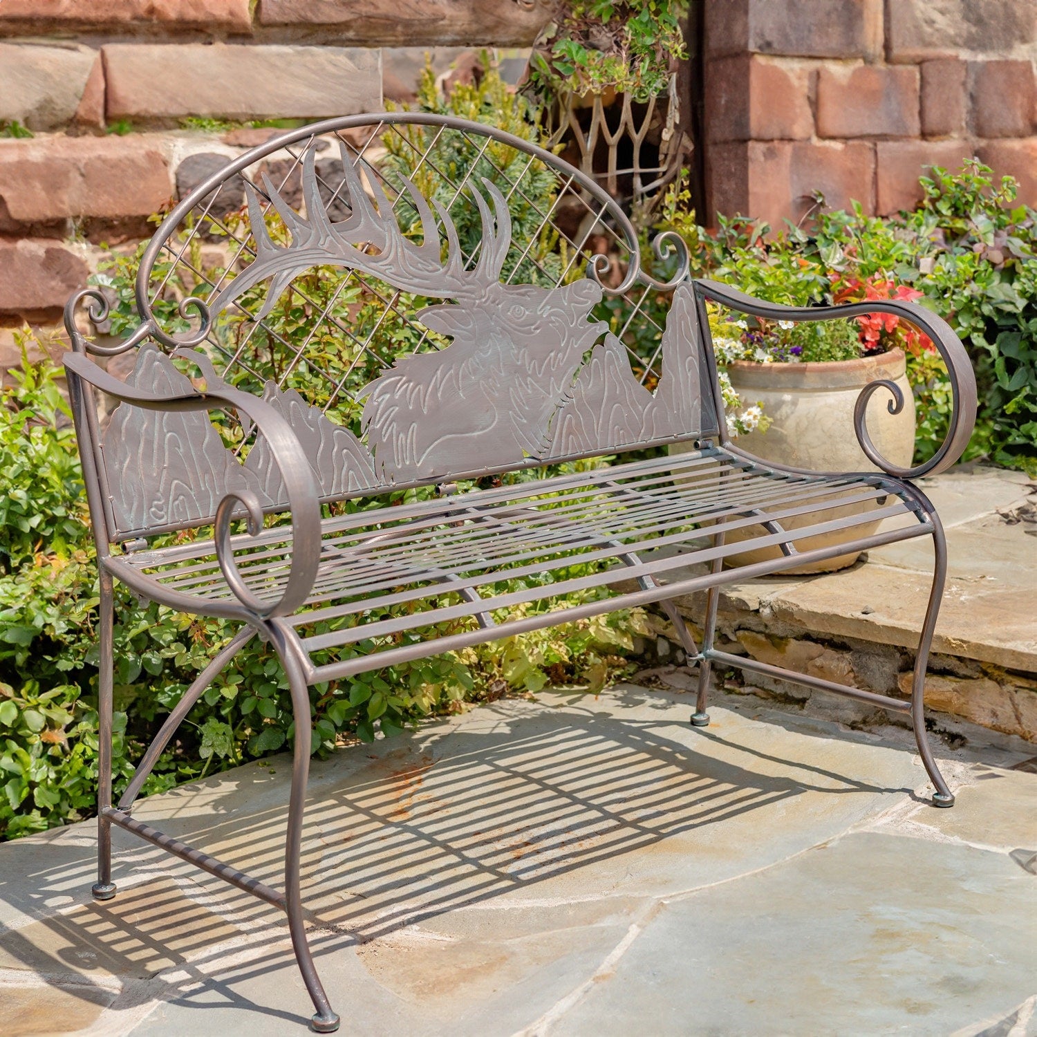 "Selkirk" Round Top Iron Garden Bench with Caribou Backrest Benches Furniture