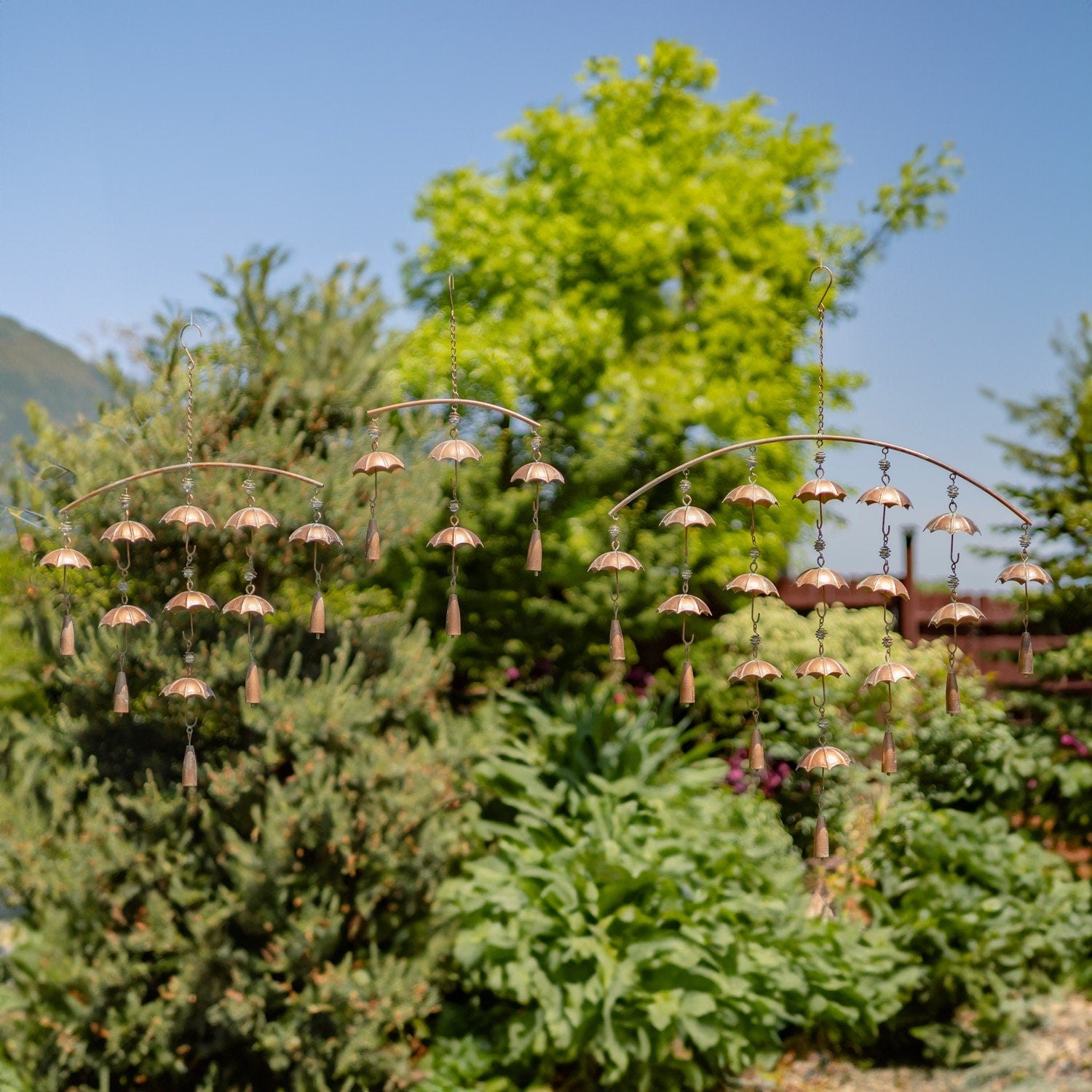 Set of 3 Antique Copper Umbrella Wind Chimes with Bells Wind Chimes Garden