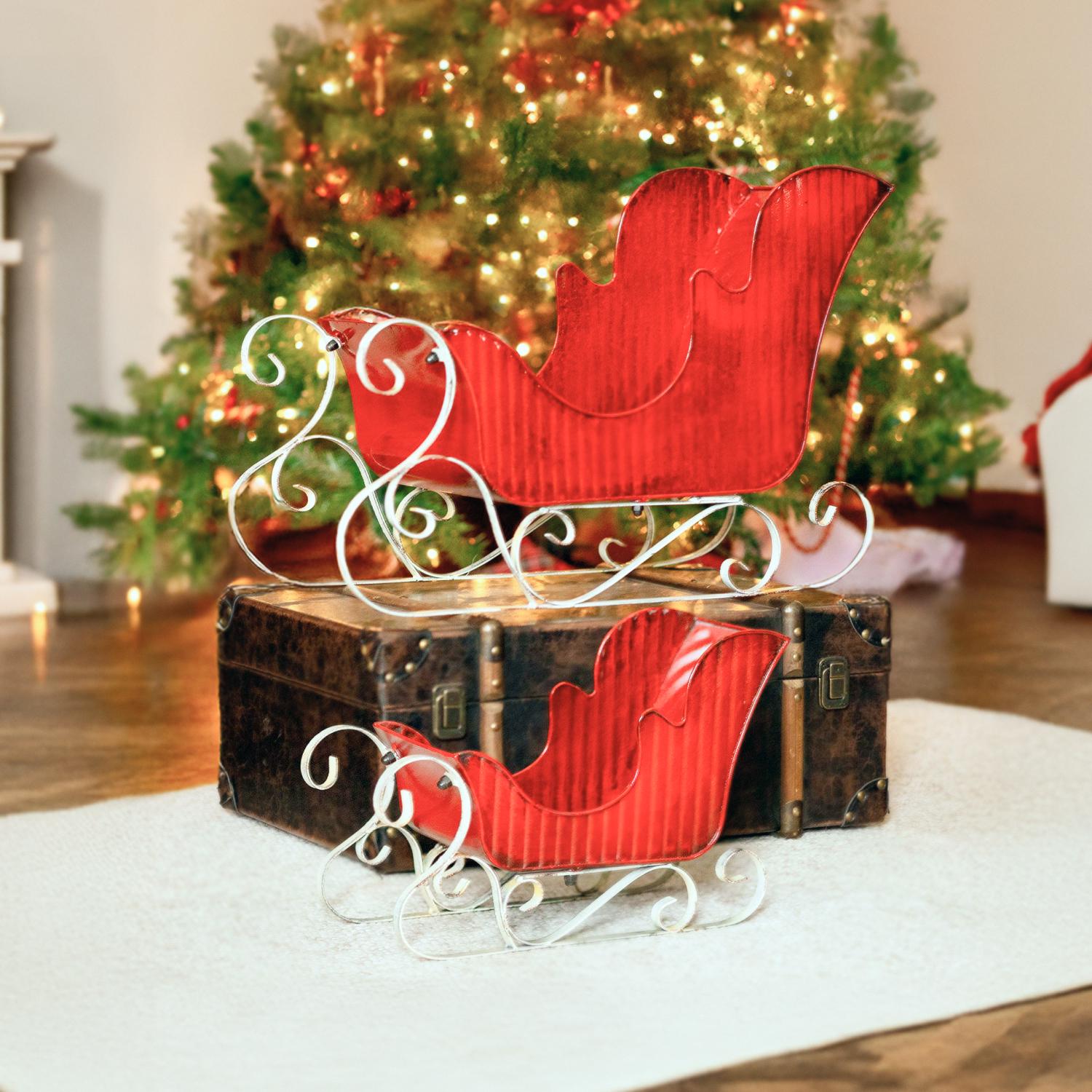 Pair of Victorian Style Red Metal Christmas Sleighs Holiday Ornaments Christmas