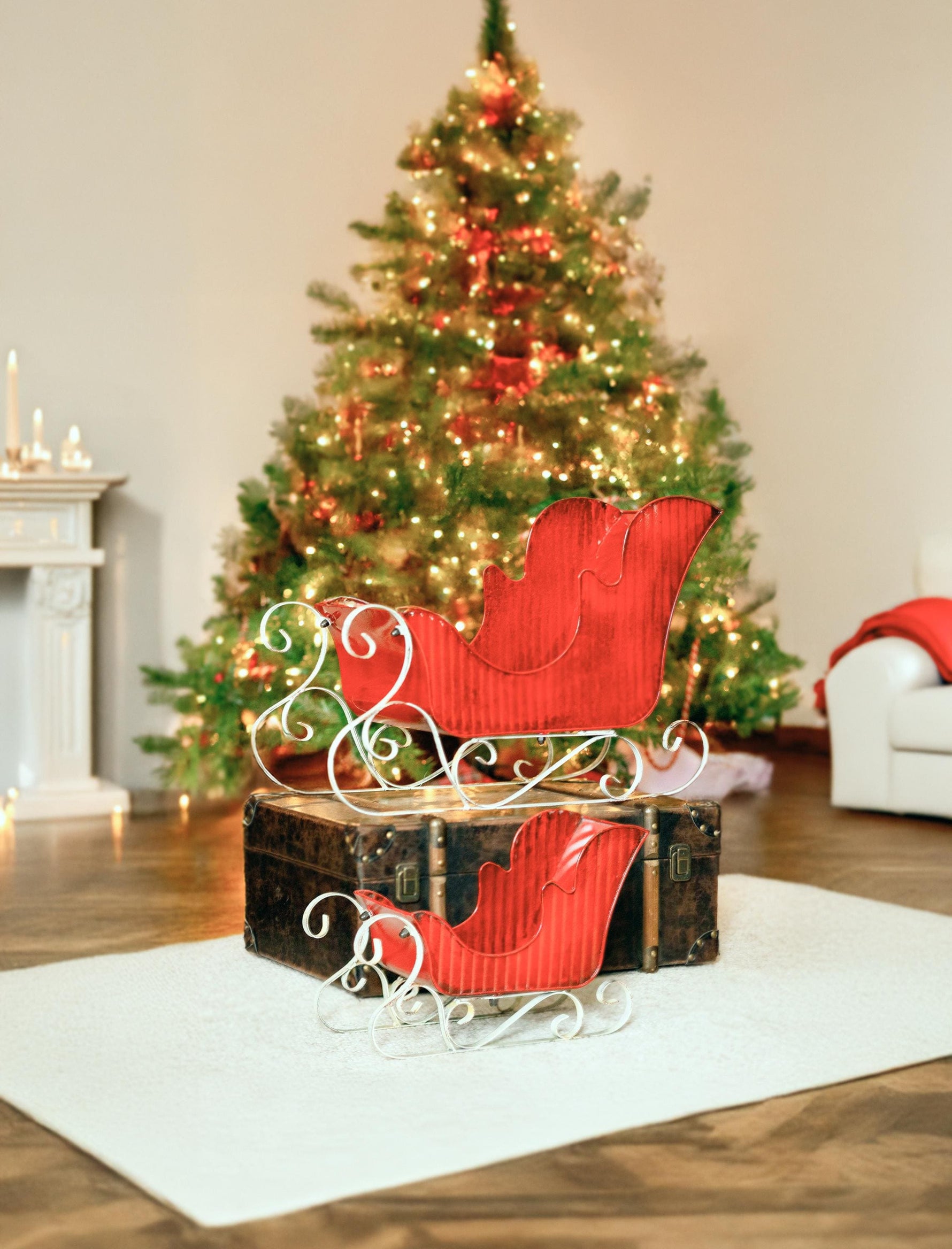 Pair of Victorian Style Red Metal Christmas Sleighs Holiday Ornaments Christmas