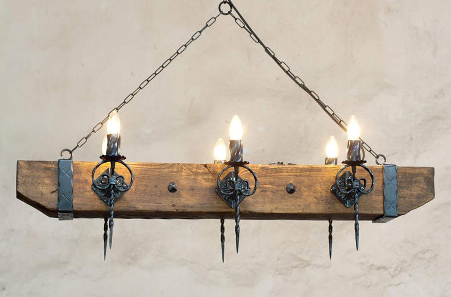 Castle Wood beam and wrought iron chandelier Lighting Lighting
