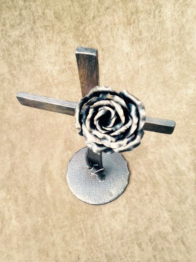 Handforged Iron Rose, Blacksmith Iron Cross, Thorns and Rose Iron Sculpture, Blacksmith Art, Handforged Iron Art, Christian Art, Iron Work