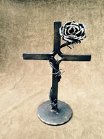Handforged Iron Rose, Blacksmith Iron Cross, Thorns and Rose Iron Sculpture, Blacksmith Art, Handforged Iron Art, Christian Art, Iron Work
