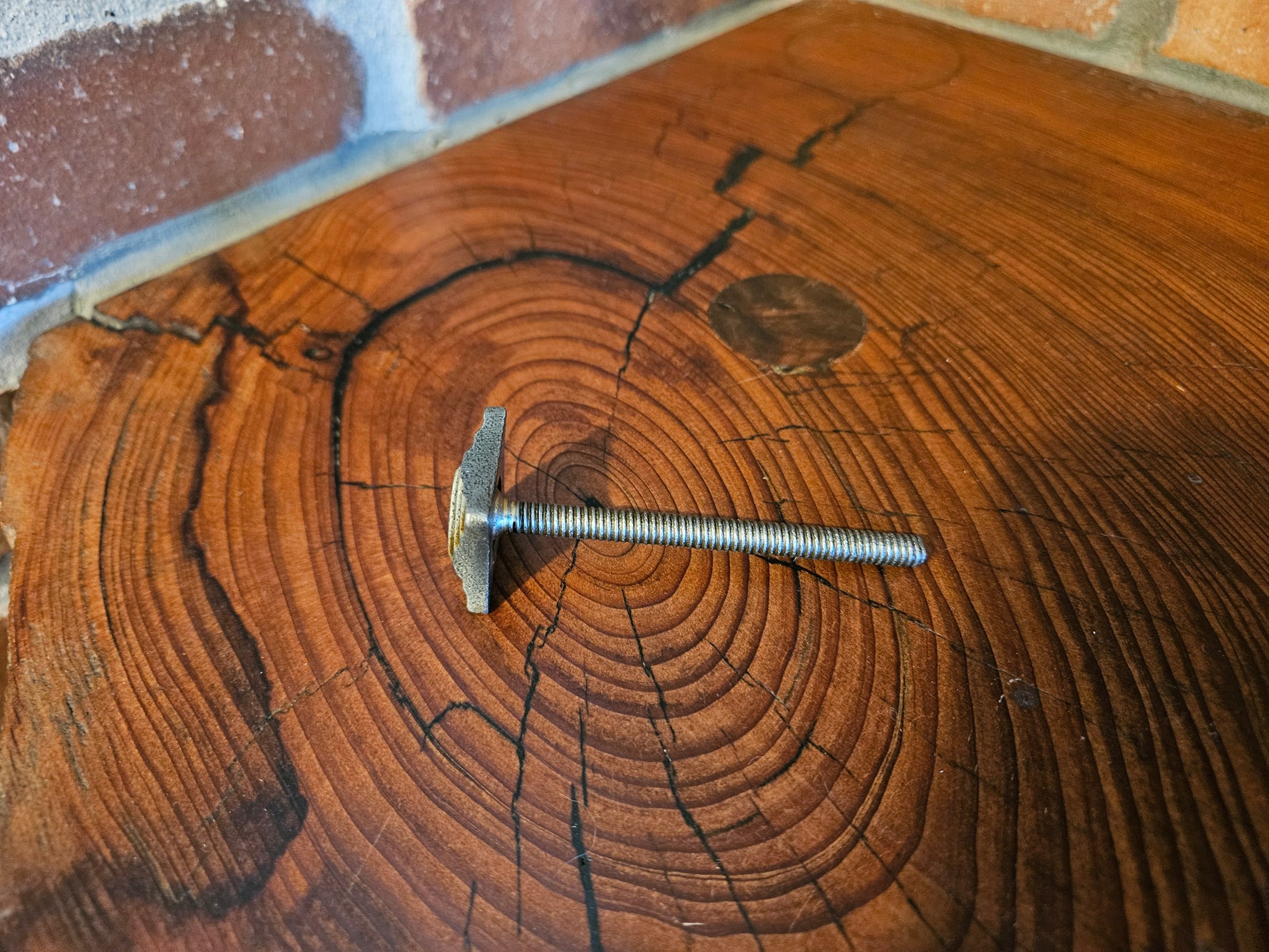 A side view of an ornate tapered square head bolt with a raw finish on a wood background.