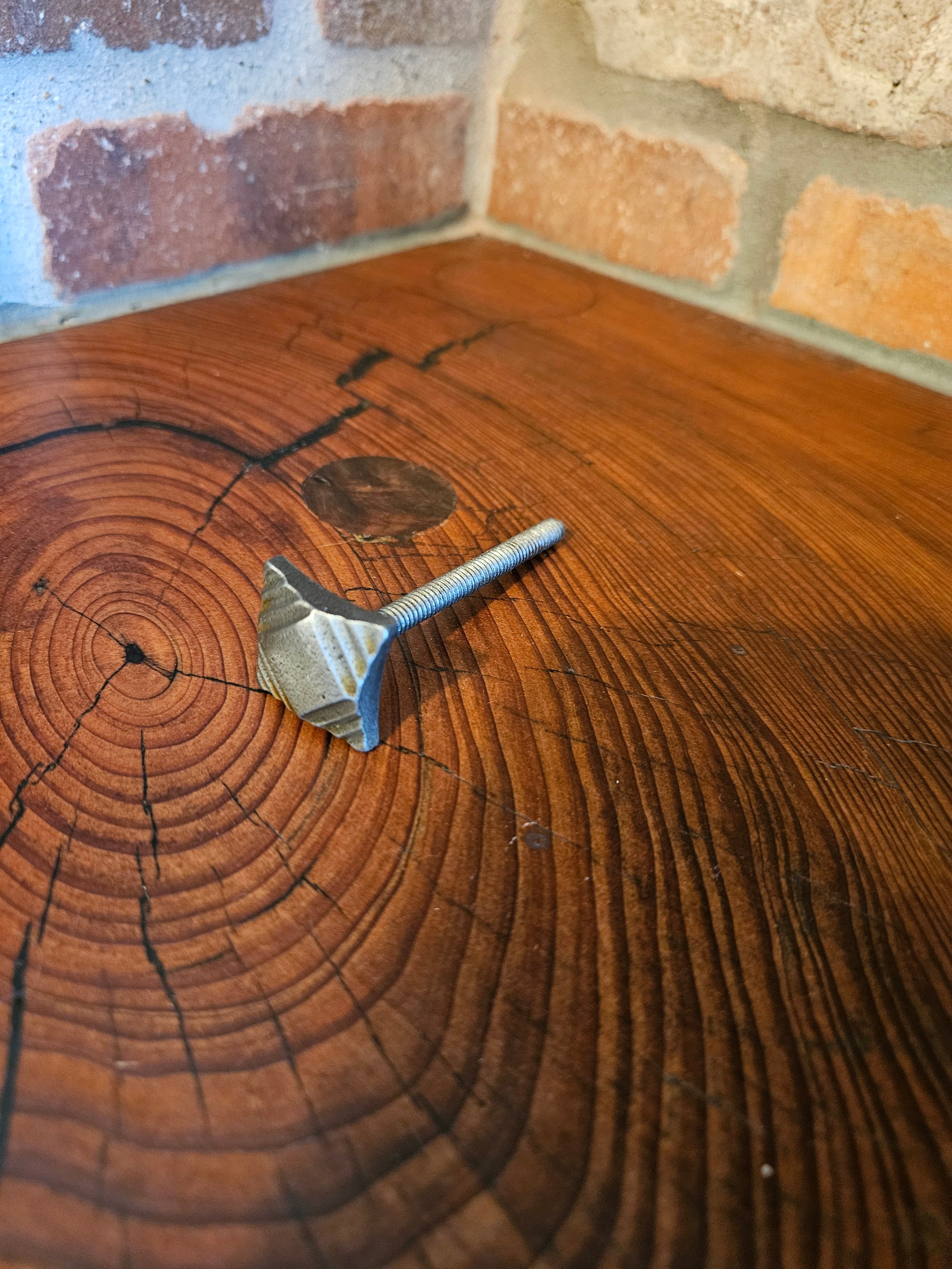 A side view of an ornate tapered square head bolt with a raw finish on a wood background.