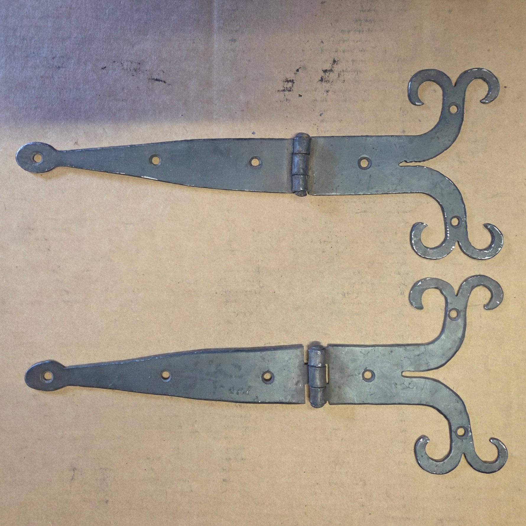 Pair of ornate metal hinges for a gate heavy duty hand forged material