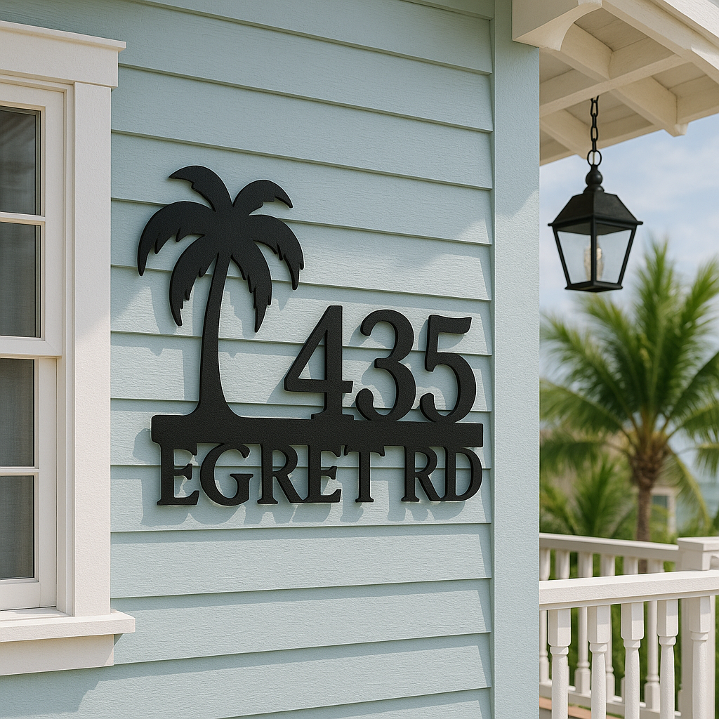House number sign with palm tree design on a light blue house exterior.