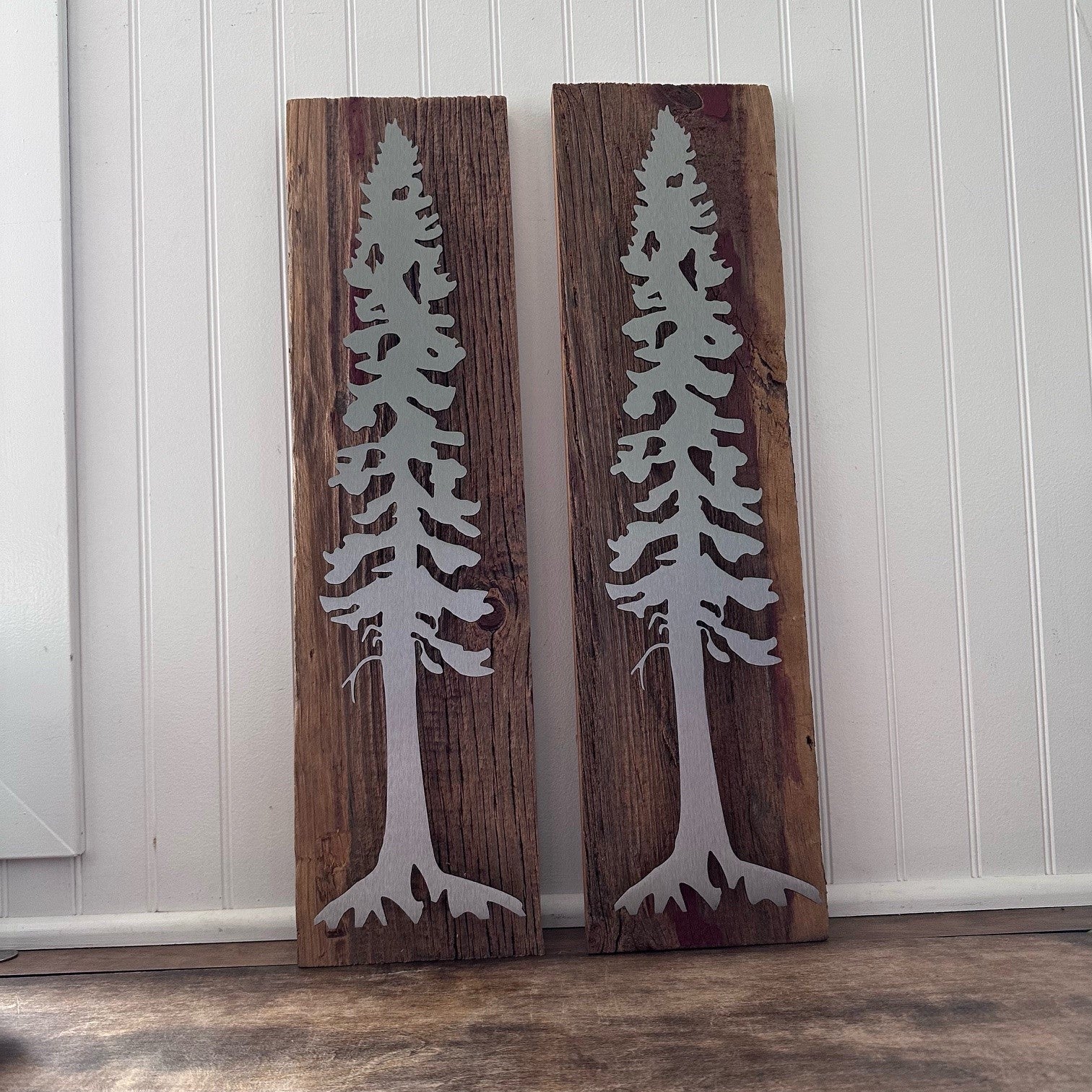 Set of Pine Trees on Barn Wood