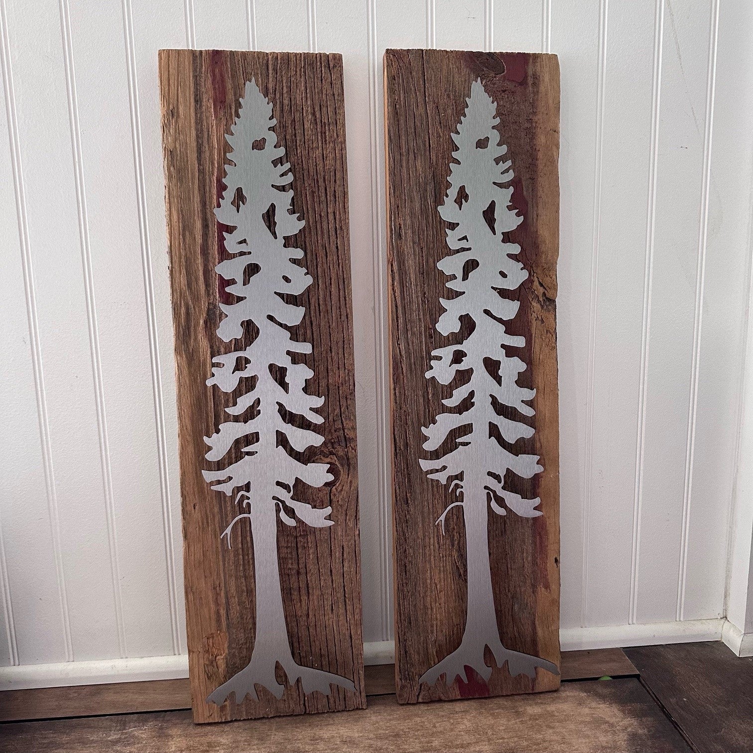 Set of Pine Trees on Barn Wood