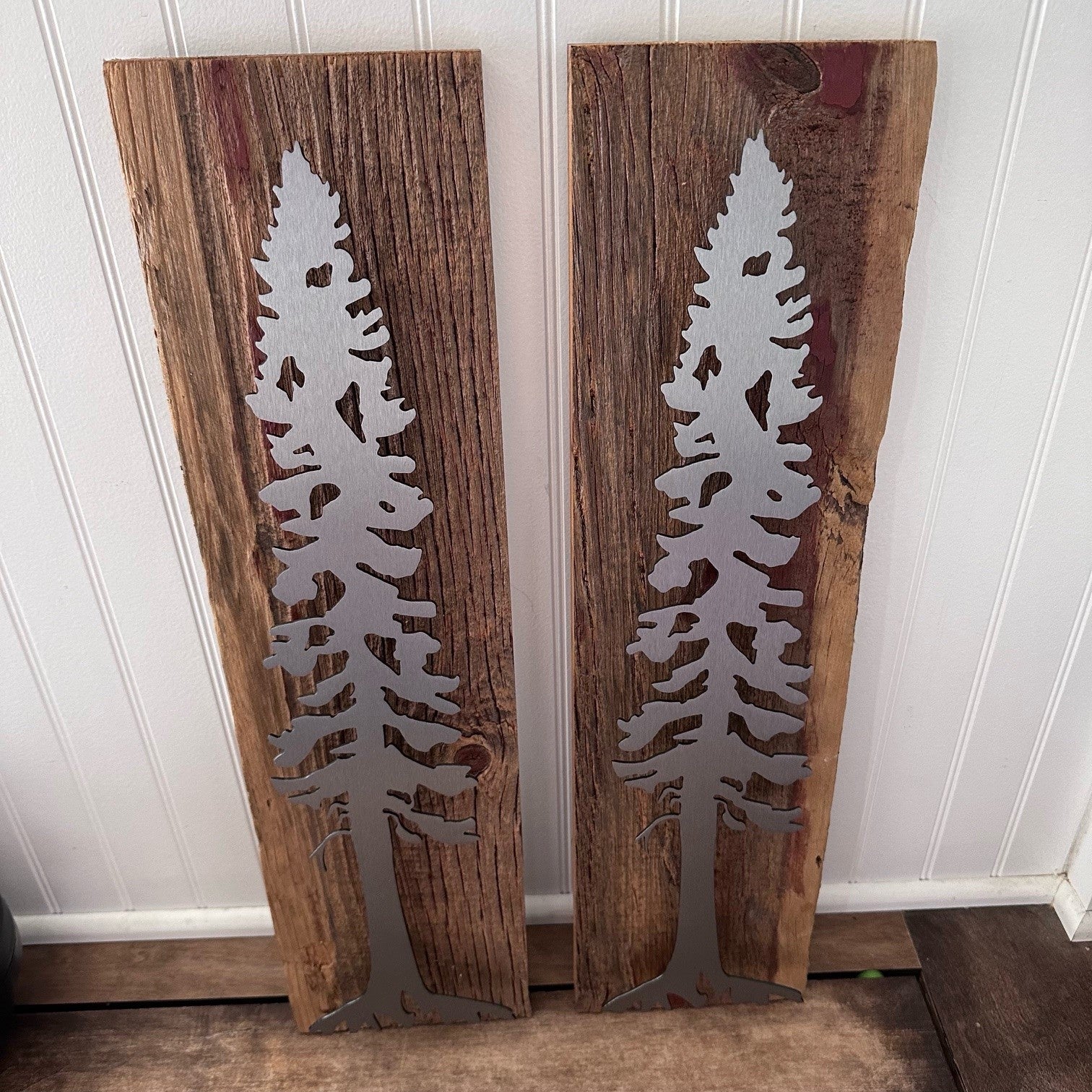 Set of Pine Trees on Barn Wood