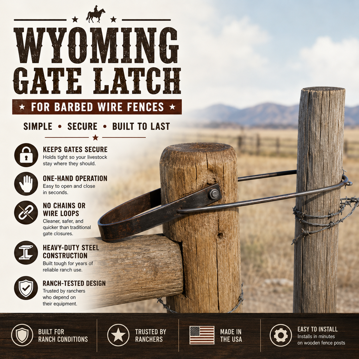 Wyoming Gate Latch for Barbed Wire Gates