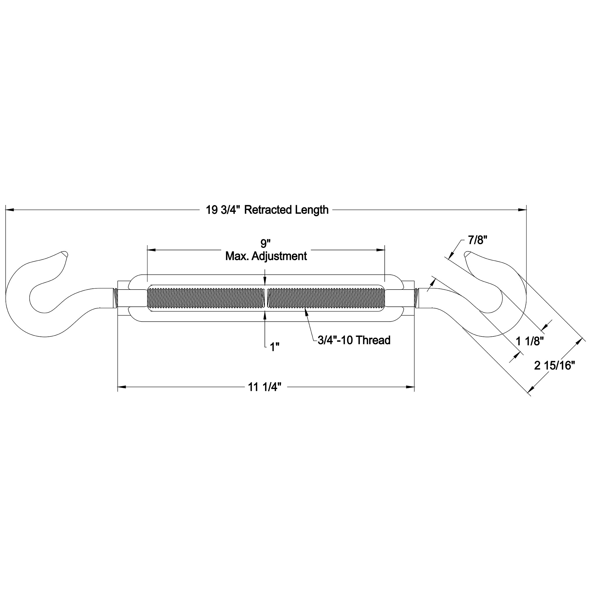 3/4" dia. Hook to Hook Turnbuckles Lifting Hooks, Clamps & Shackles Turnbuckle