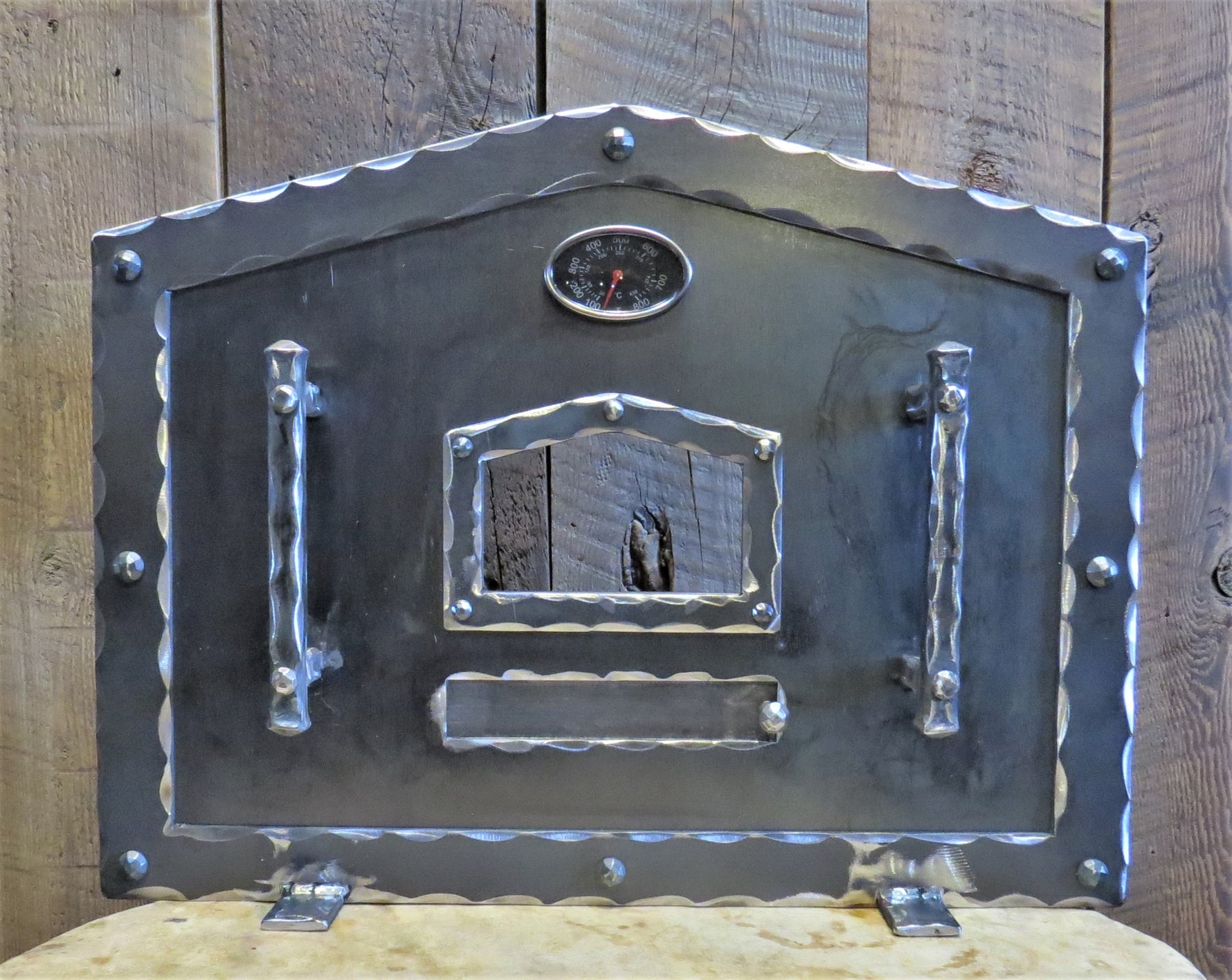 custom arch shape hammered iron pizza oven door rustic style